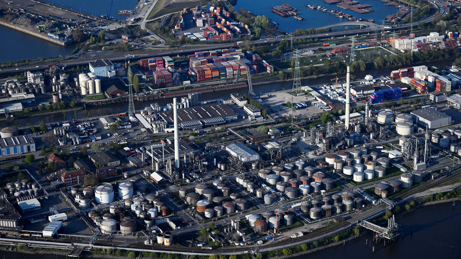 Oil tanks are pictured in a harbor in Hamburg, Germany.