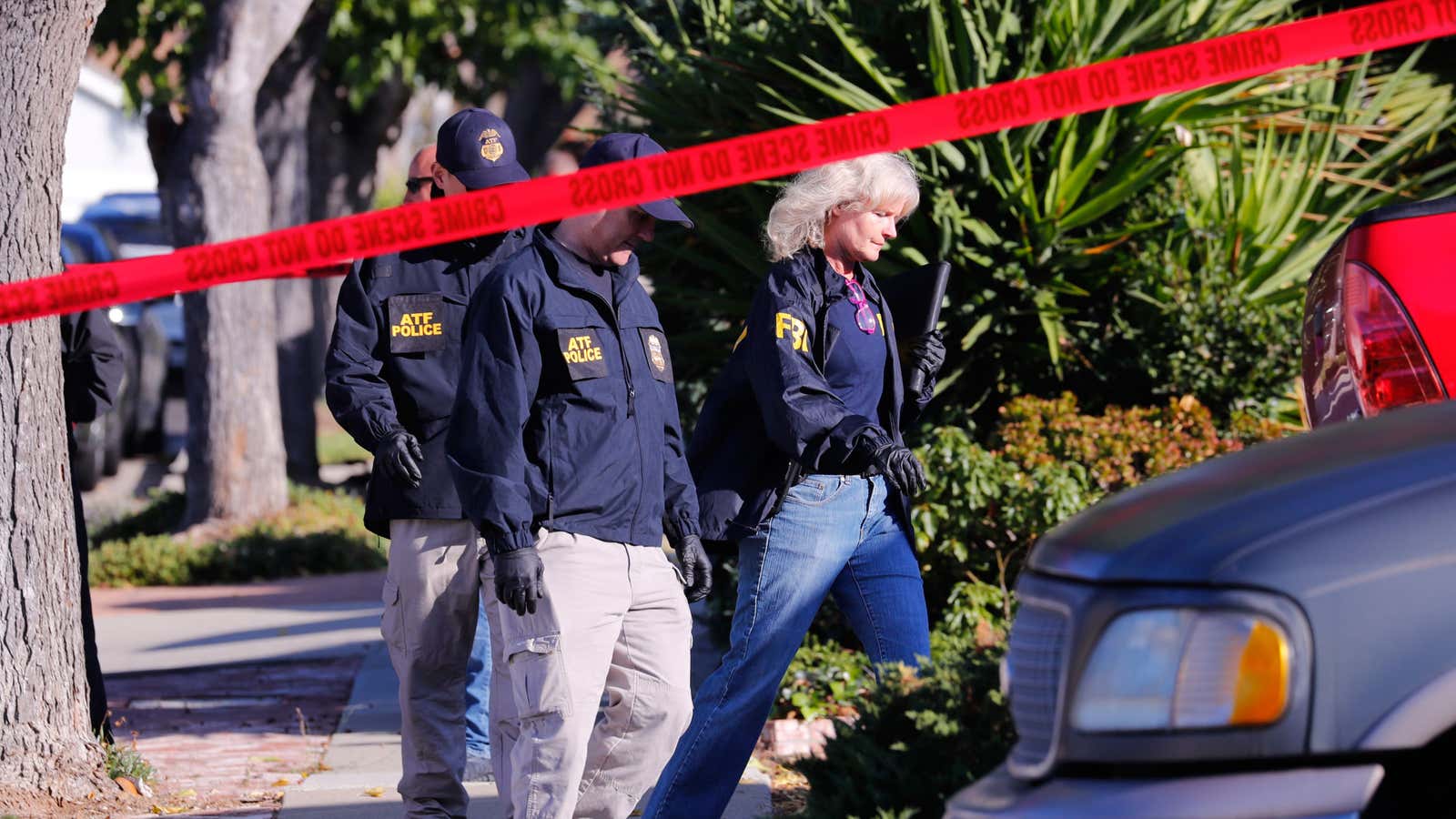 Outside the suspect’s home in Thousand Oaks, California.