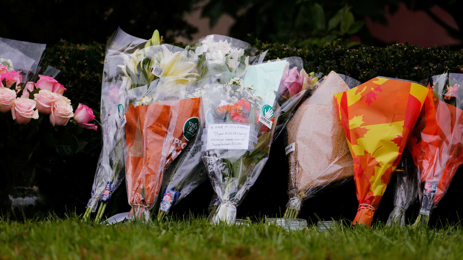 Flowers placed at the Tree of Life synagogue.