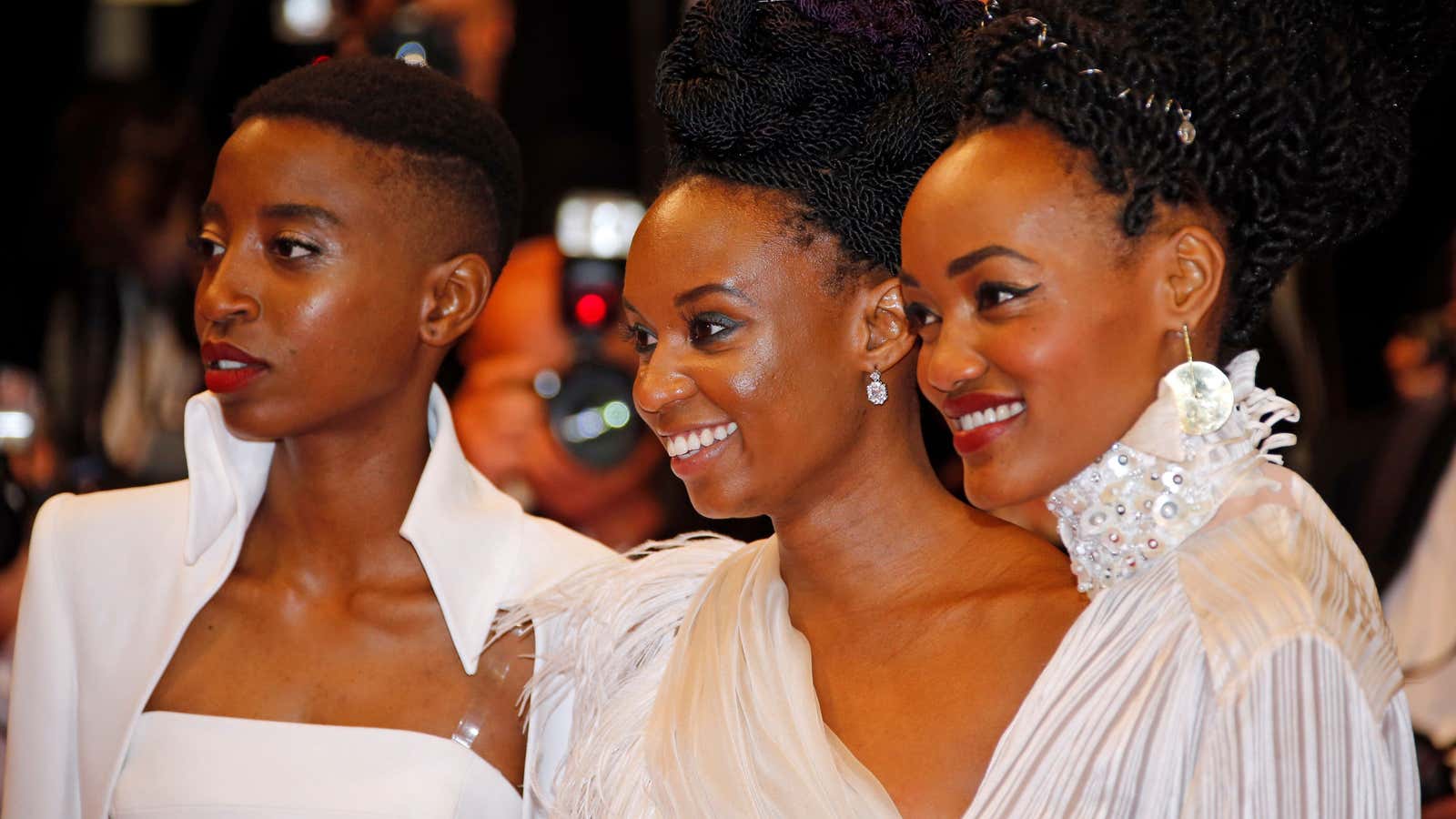 Actors Sheila Munyiva and Samantha Mugatsia and director Wanuri Kahiu of “Rafiki” at Cannes.