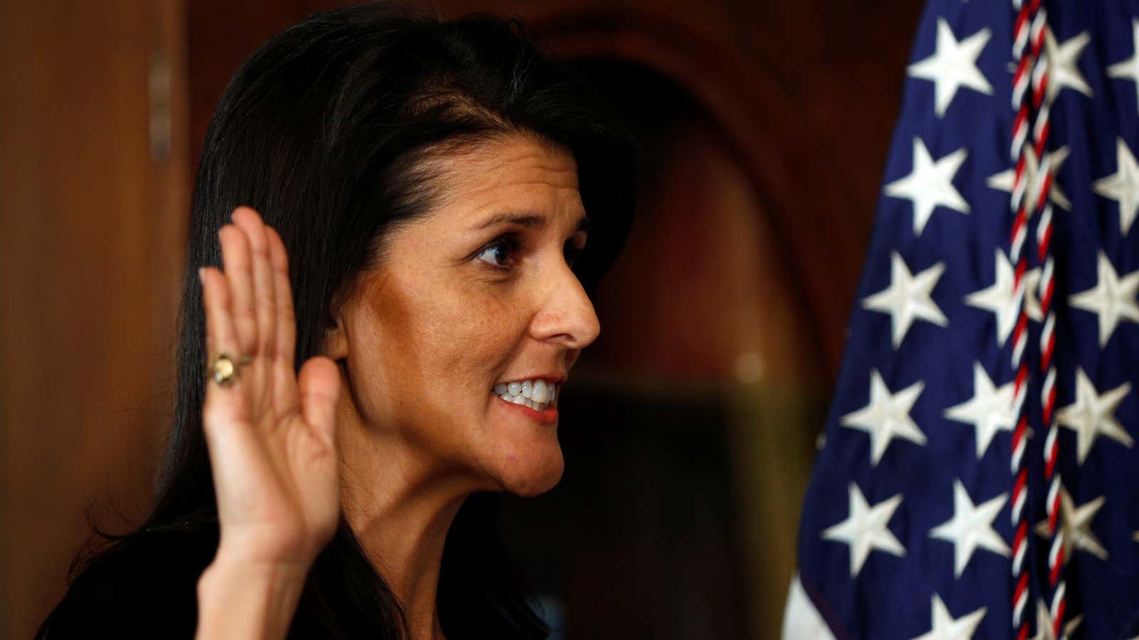 Former South Carolina governor Nikki Haley is sworn in as UN ambassador.