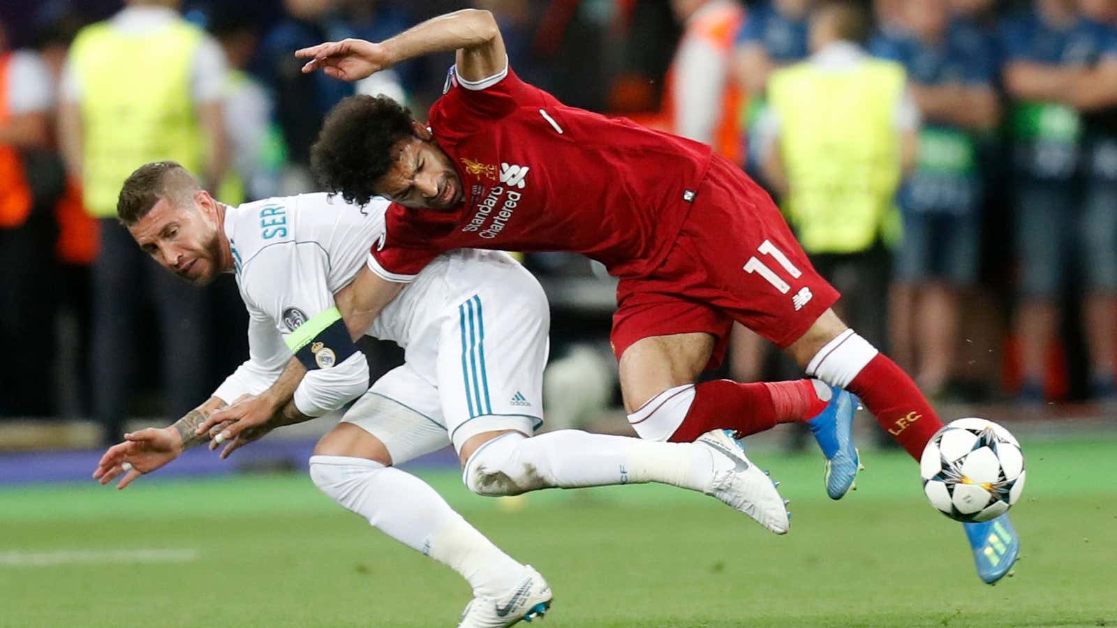 Egypt’s Mohamed Salah may miss the World Cup after dislocating his shoulder when fouled by Sergio Ramos.