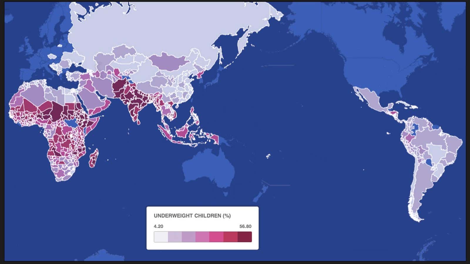 Half of children in the reddest countries are dangerously underweight due to malnutrition.