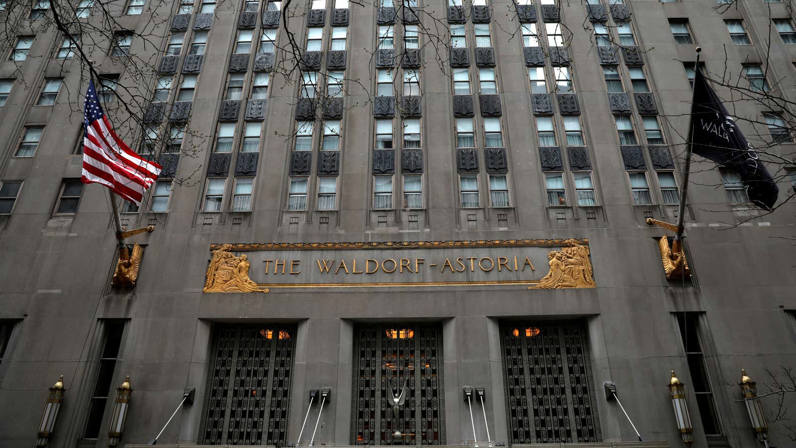 An exterior view of the world famous Waldorf Astoria Hotel in midtown Manhattan in New York City