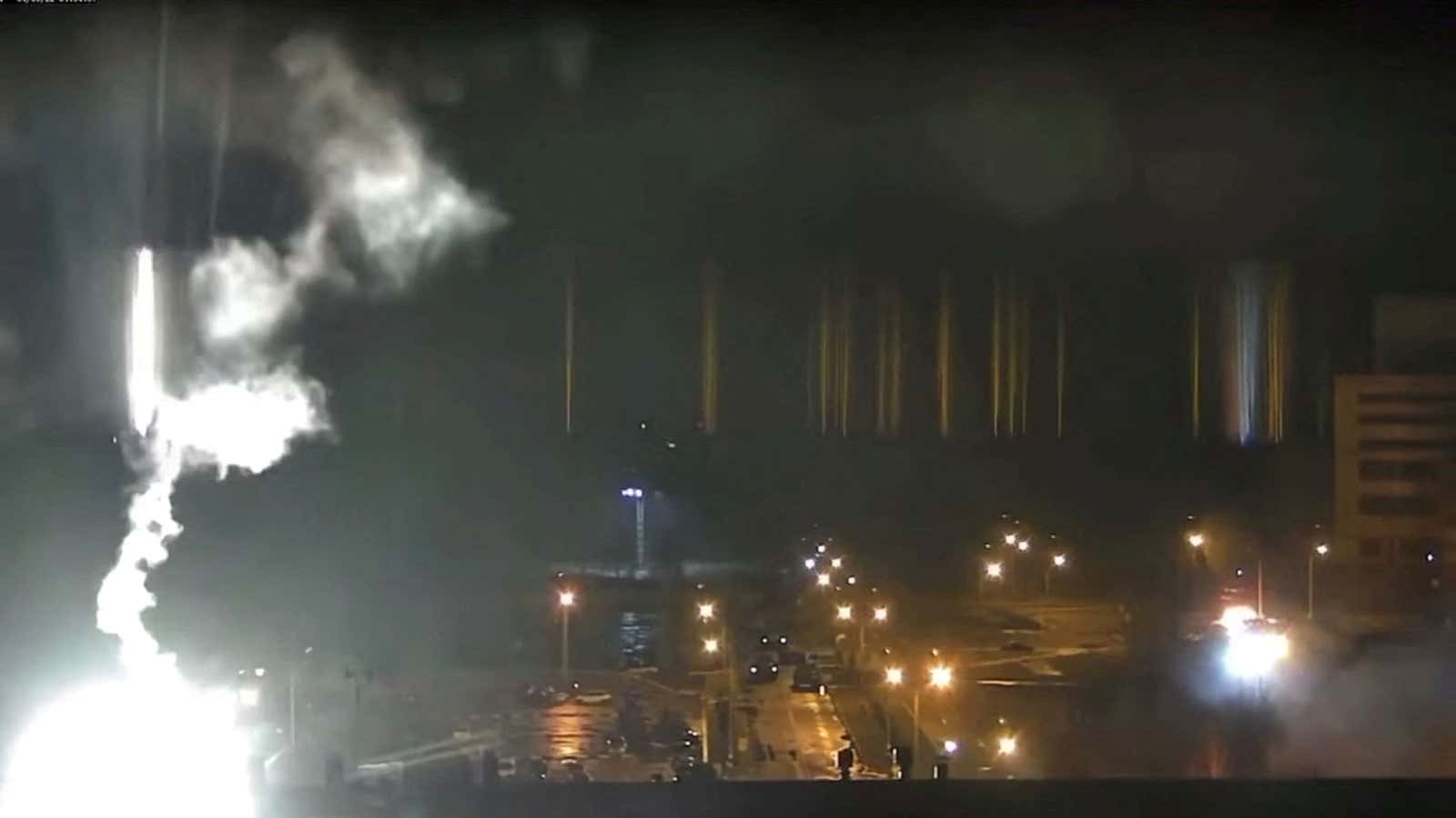 Surveillance camera footage shows a flare landing at the Zaporizhzhia nuclear power plant.