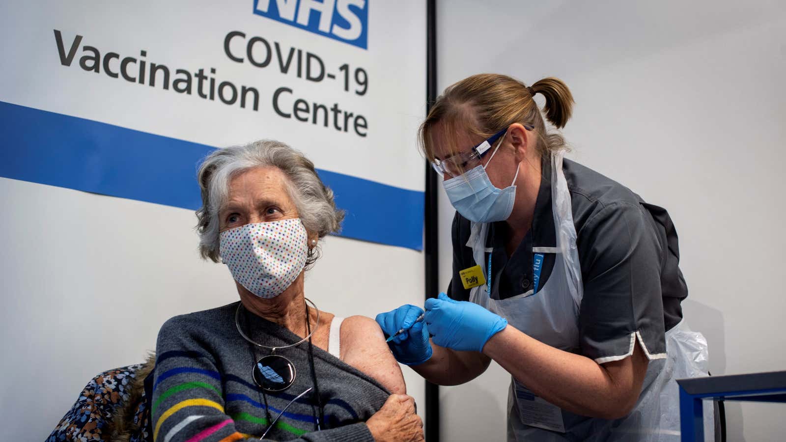 Dr. Doreen Brown, 85, receives the first of two Pfizer/BioNTech Covid-19 vaccine jabs at Guy’s Hospital.