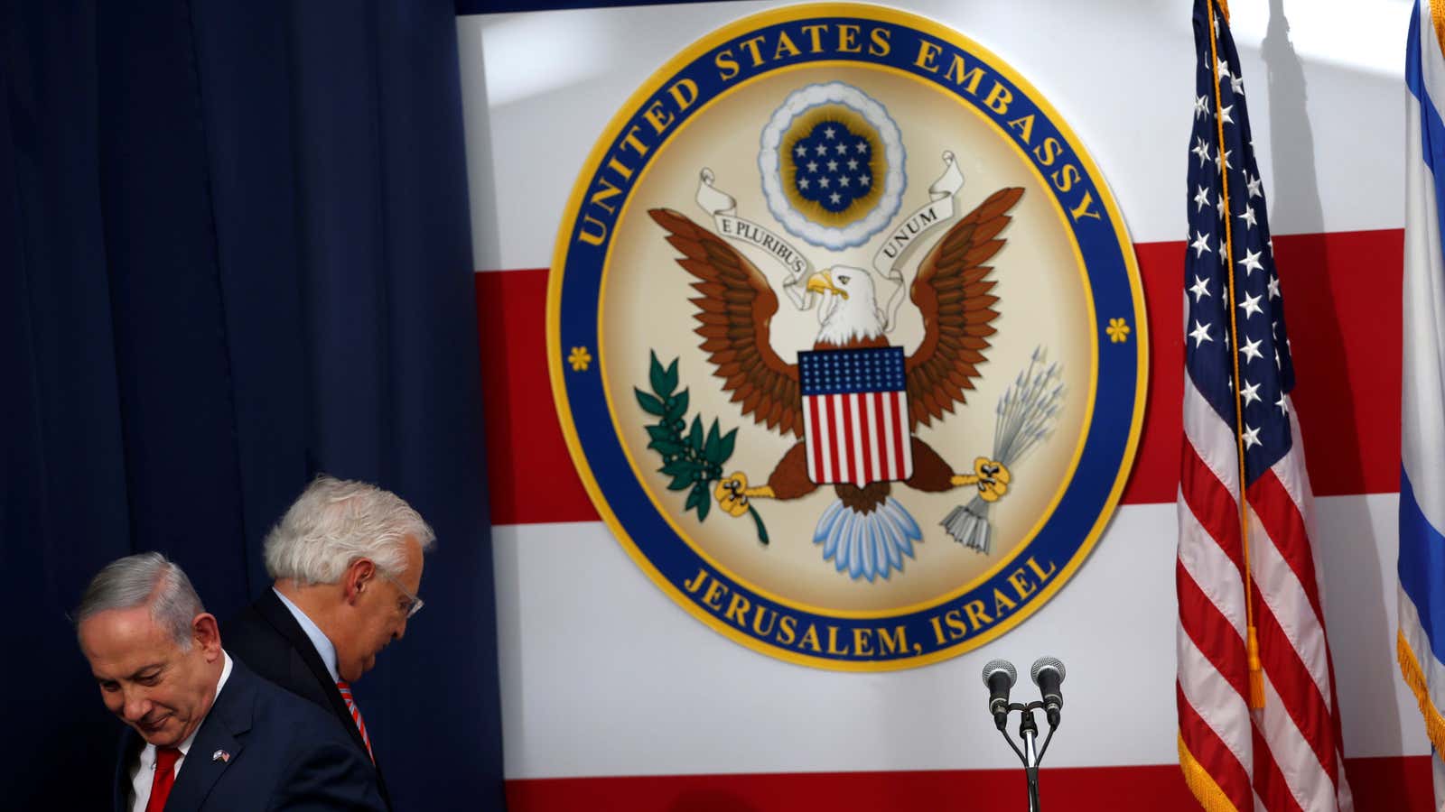 Israeli Prime Minister Benjamin Netanyahu and David Friedman, US Ambassador to Israel, at the dedication ceremony of the new American embassy in Jerusalem, May 14.