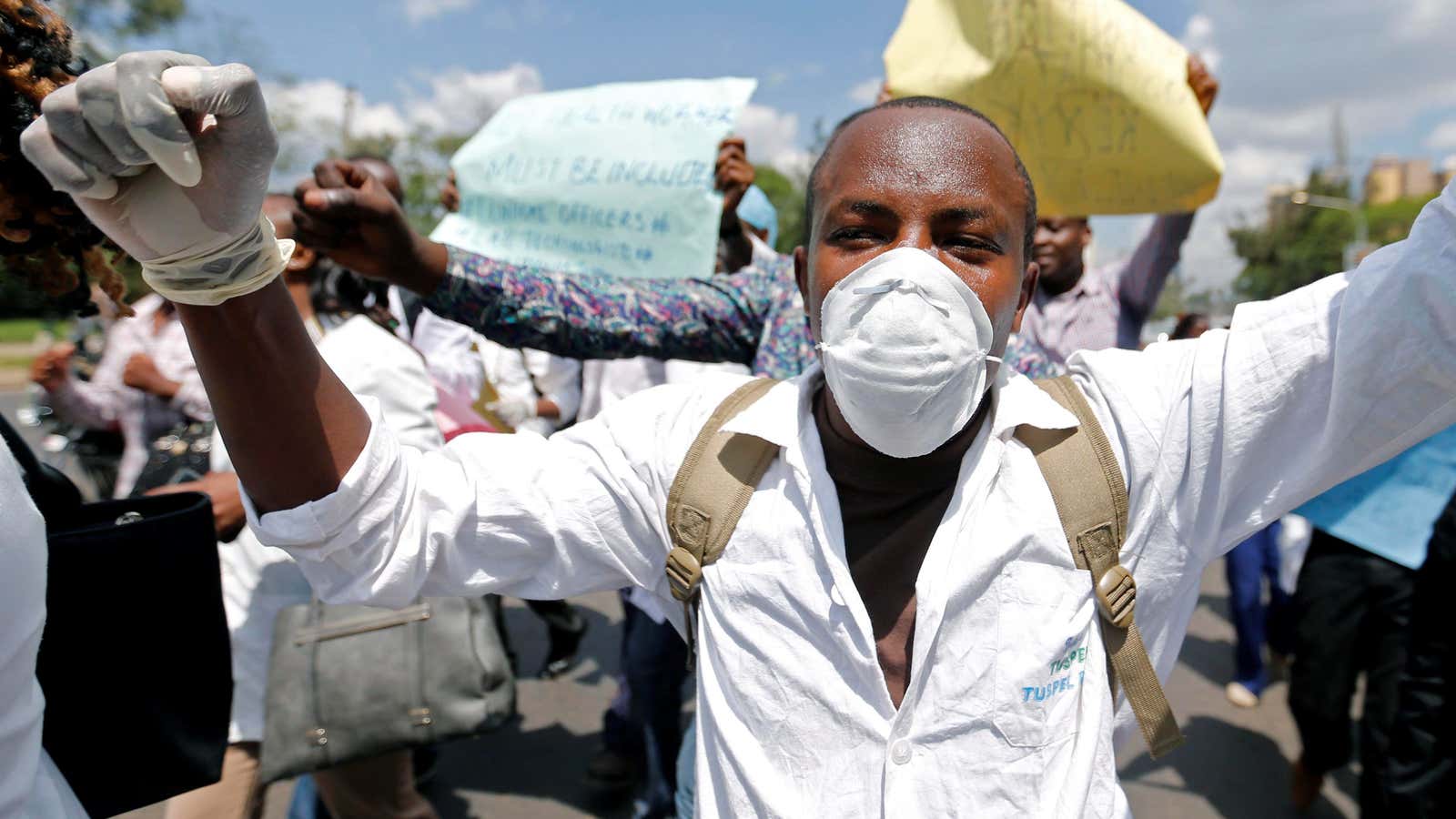 A Kenyan nurse participates in a march during their strike.