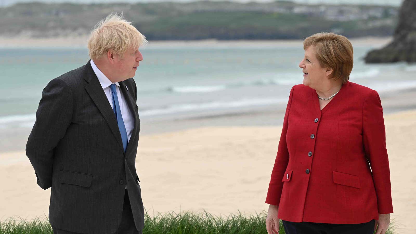 Britain’s Prime Minister Boris Johnson and German Chancellor Angela Merkel at the G7 summit.