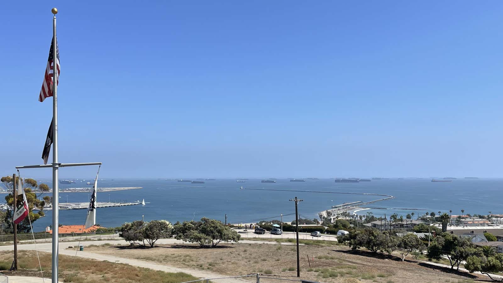 Container ships anchored and adrift at the ports of Los Angeles and Long Beach on Sept. 16, 2021.