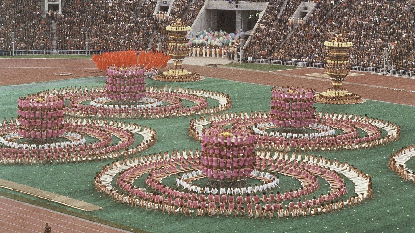 Spiraling human pyramids at 1980 summer games.