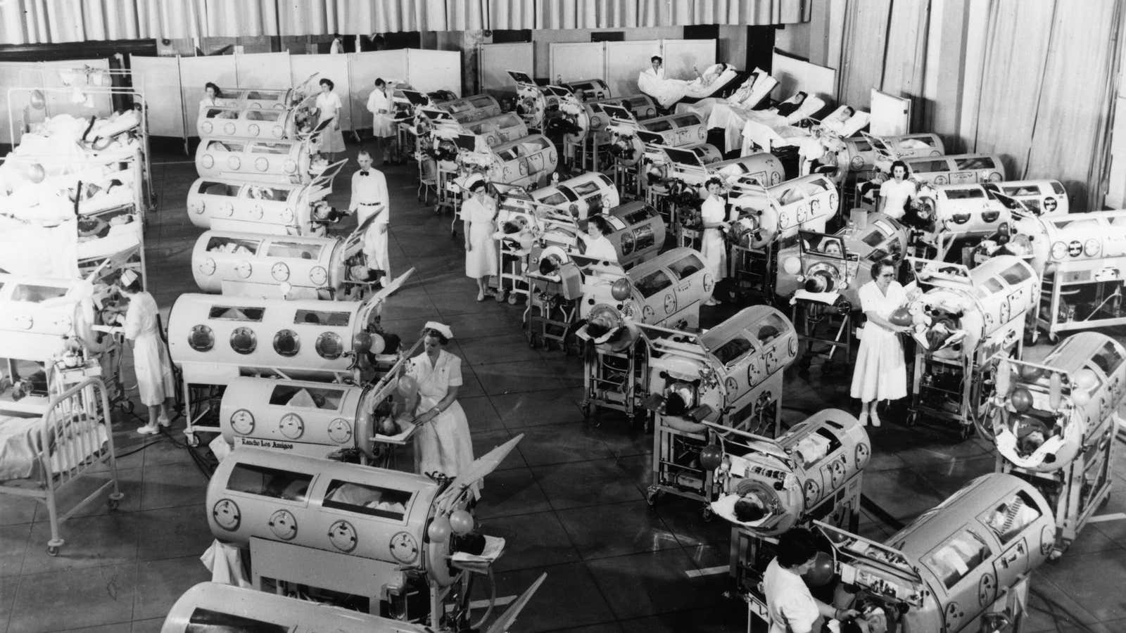 Patients are treated for polio in the 1950s.