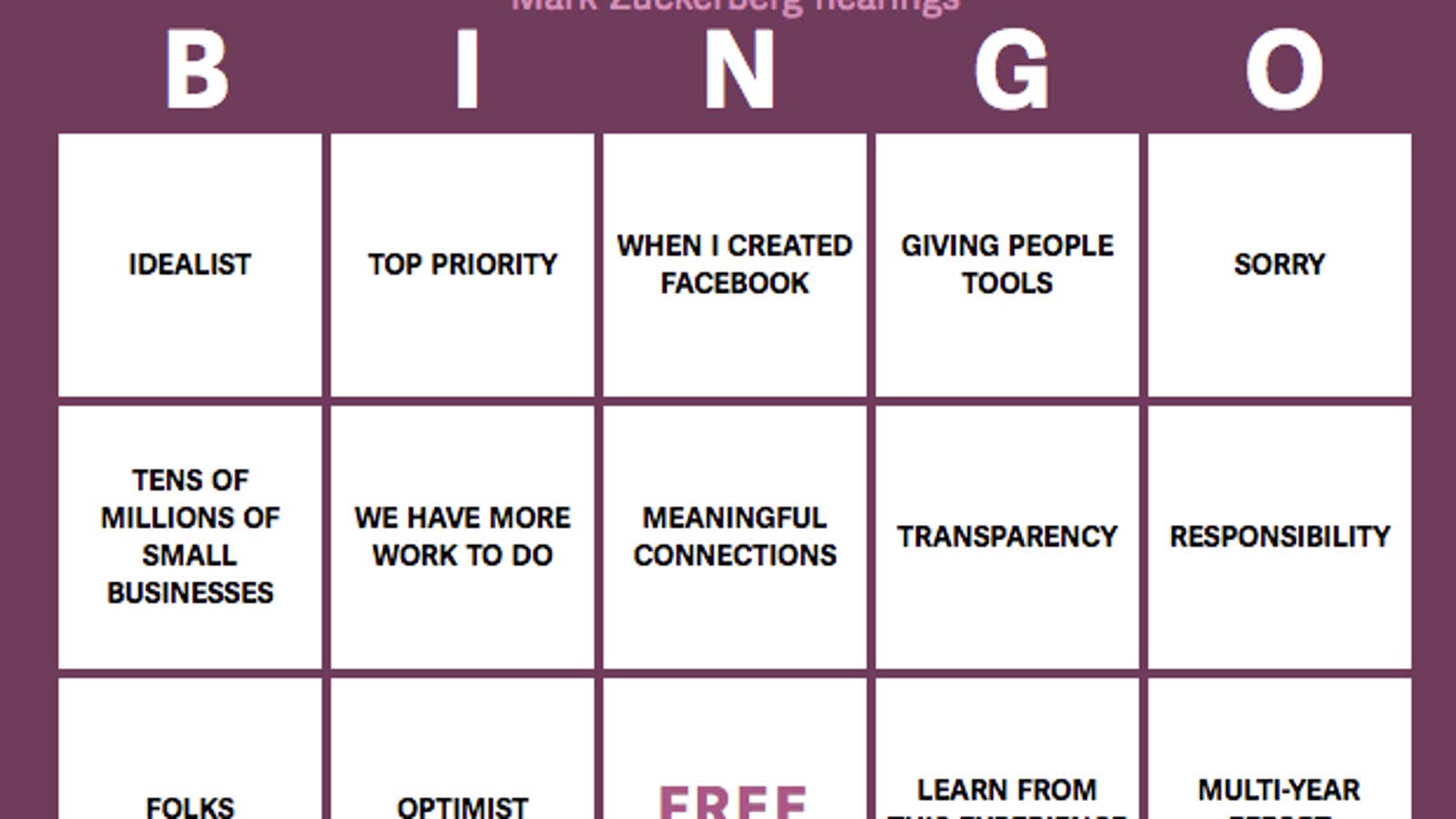 Zuckerberg bingo: Get your card for the Facebook CEO’s testimony to Congress