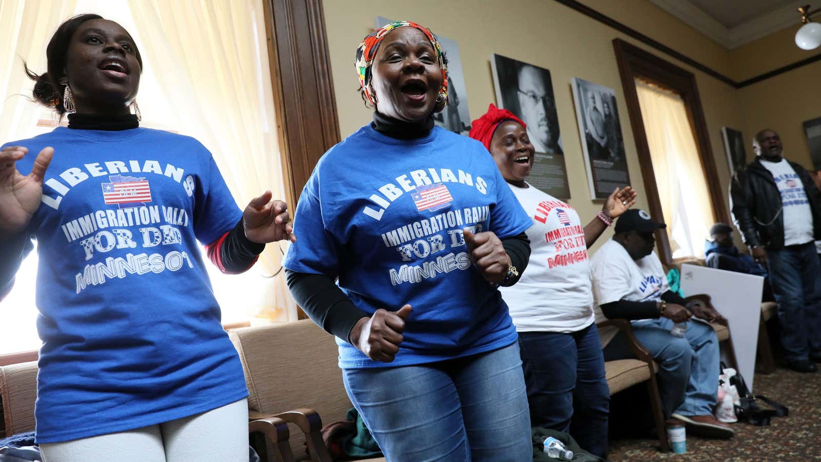 Liberian activists sing and dance prior to their Deferred Enforced Departure (DED) immigration status rally in St. Paul, Minnesota, U.S. Feb. 22, 2019.