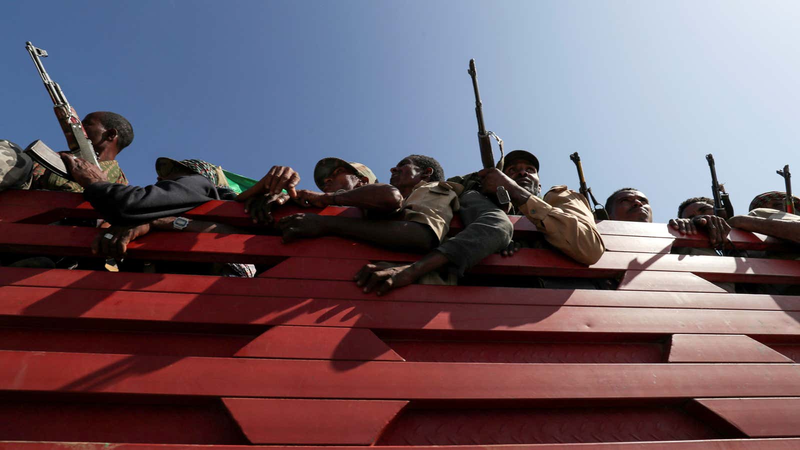 Members of Amhara region militias head to face the Tigray People’s Liberation Front (TPLF), in Sanja, Amhara region near a border with Tigray, Ethiopia Nov/ 9, 2020.