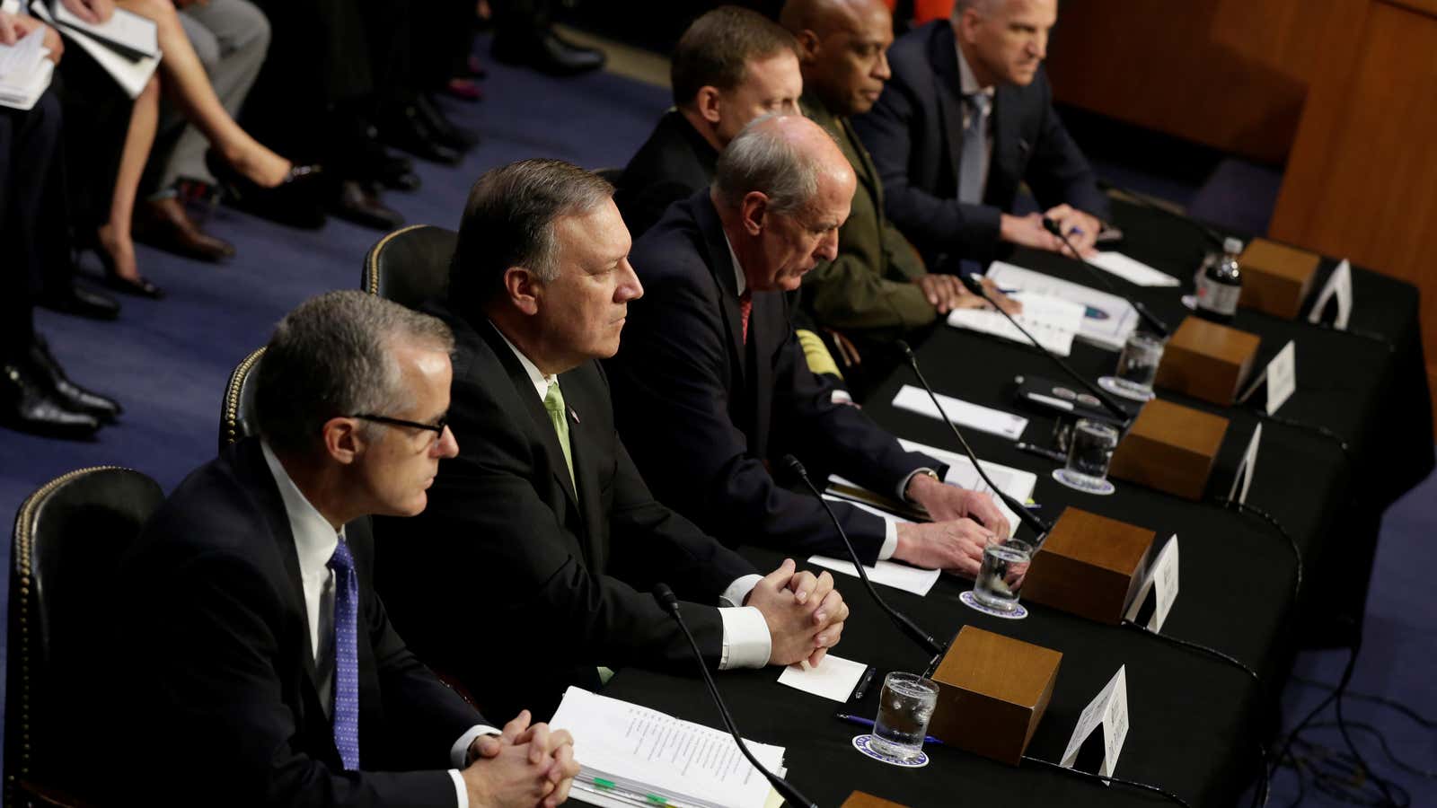 (L-R) Acting FBI Director Andrew McCabe, CIA Director Mike Pompeo, Director of National Intelligence Daniel Coats, NSA Director Adm. Mike Rogers; Defense Intelligence Agency Director Lt. Gen. Vincent Stewart and National Geospatial-Intelligence Agency Director Robert Cardillo at the May 11 hearing.