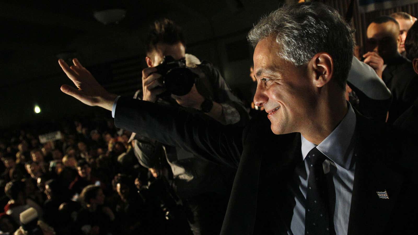 Former White House Chief of Staff Rahm Emanuel smiles at the crowd after winning the mayoral race Tuesday, Feb. 22, 2011 in Chicago. Emanuel was…