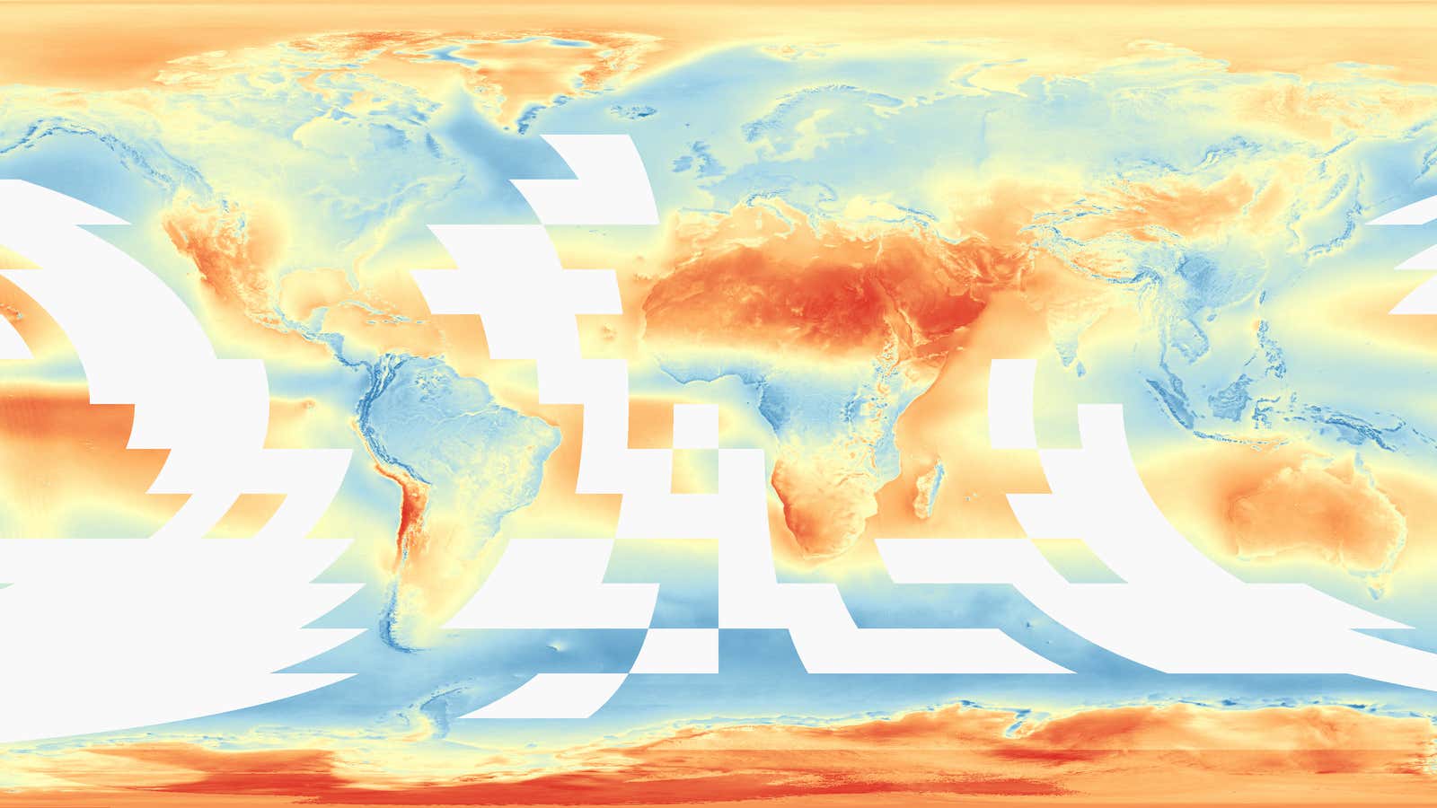 Percent of days that are cloudy each year. The darkest red areas have almost no cloudy days. The darkest blue areas are cloudy nearly every day.