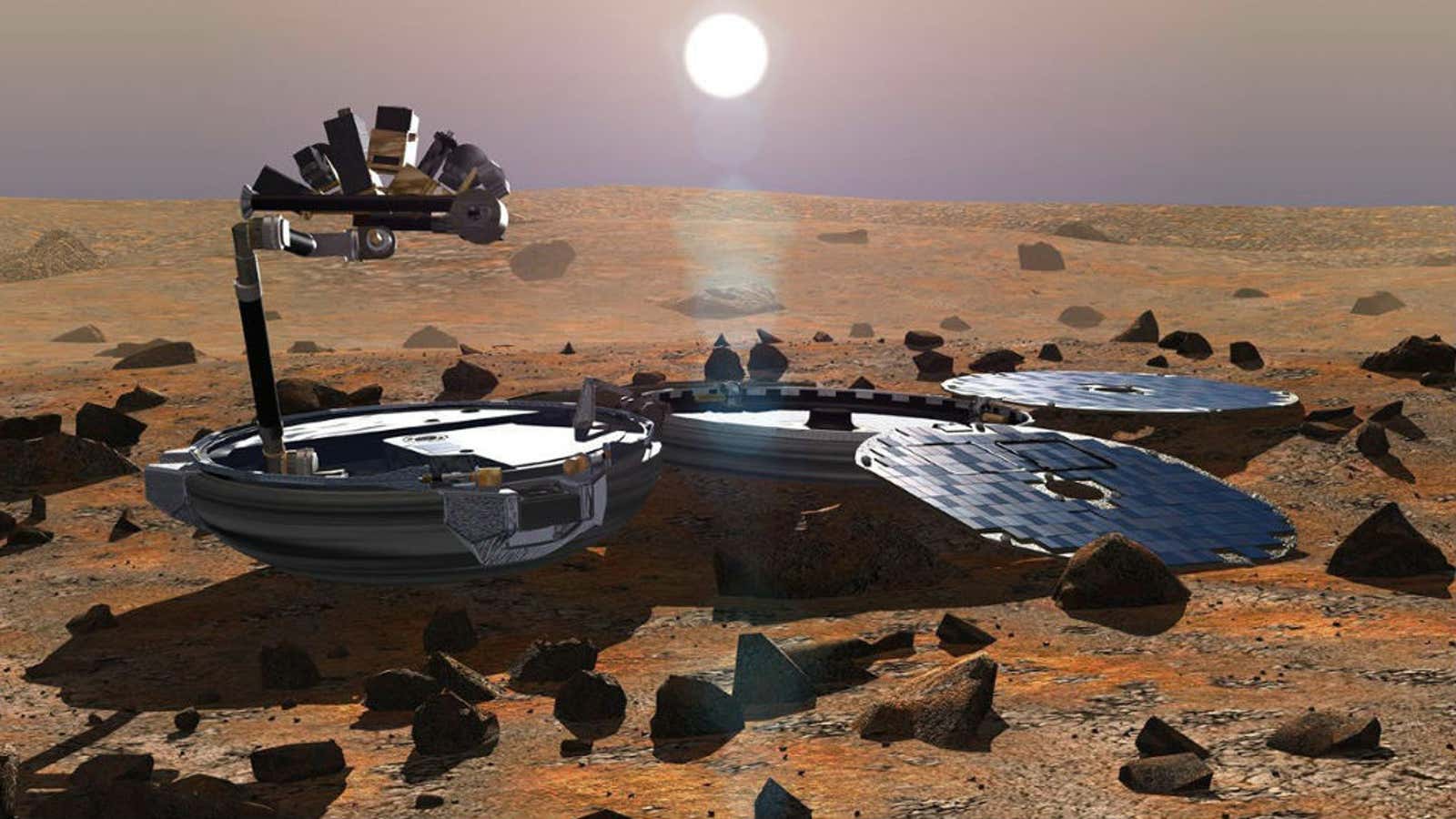 An illustration of the lonely Beagle2 probe on Mars, finally located.