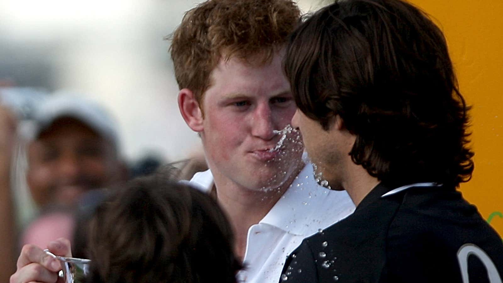 Prince Harry spits champagne after a polo match in New York City in 2009. Can the partying prince help boost Atlantic City?