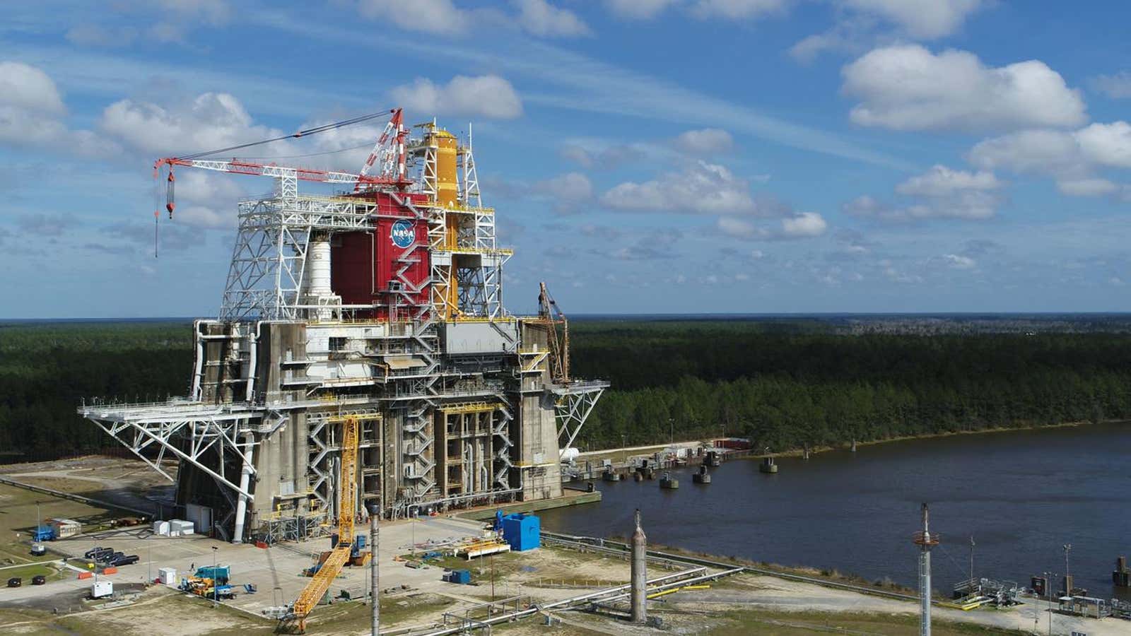 A NASA drone photo offers a bird’s-eye view of the B-2 Test Stand at NASA’s Stennis Space Center with the first flight core stage for…