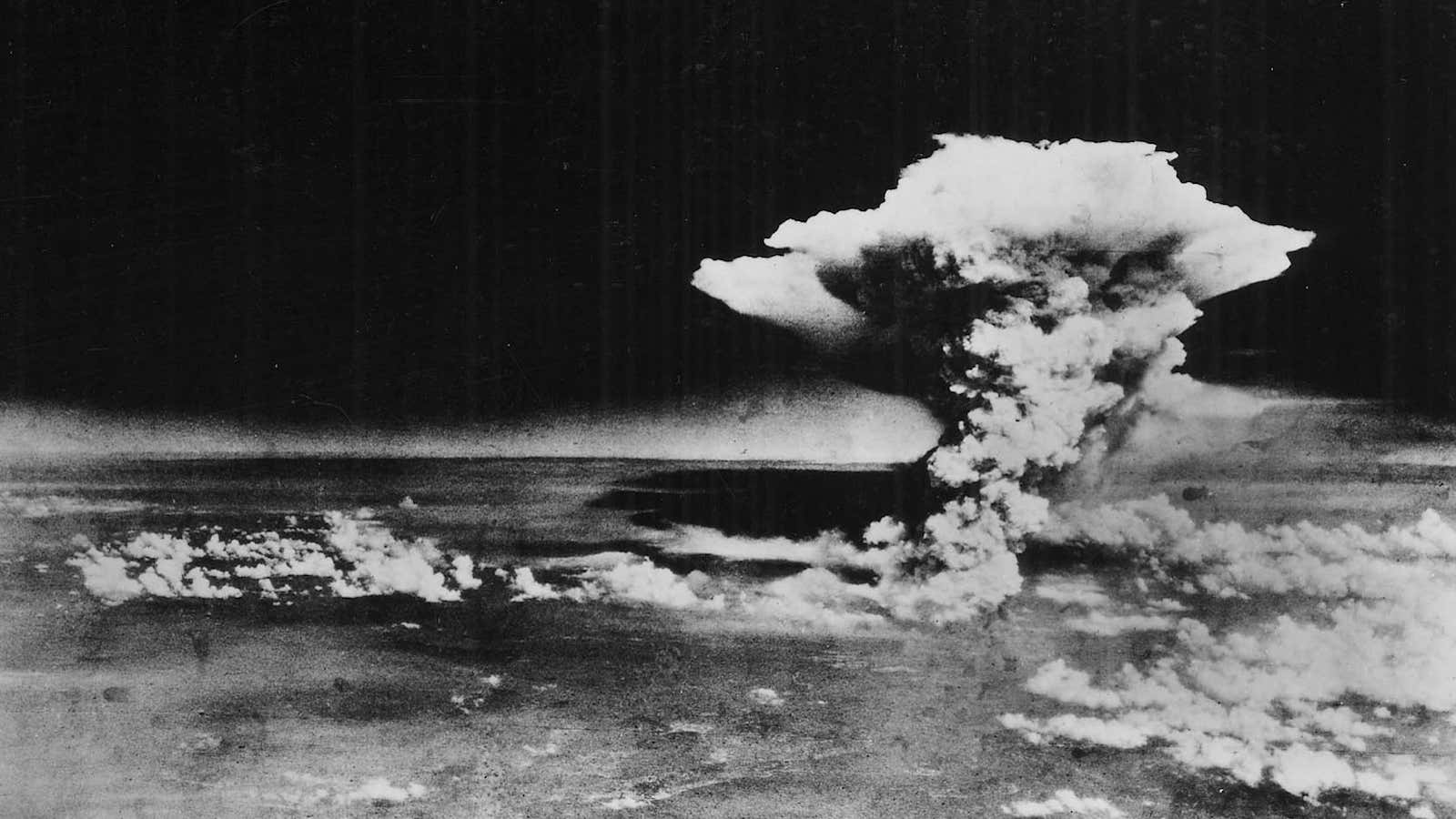 A mushroom cloud blooms above Hiroshima, Japan an hour after a nuclear bomb was dropped on Aug. 6, 1945.