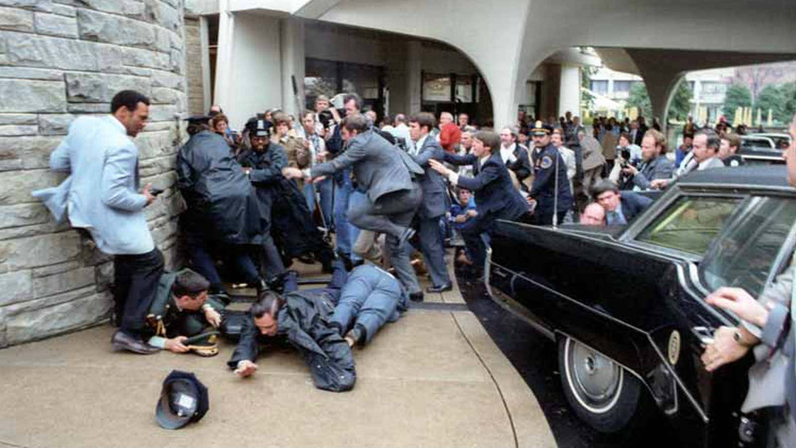 Moments after Hinckley shot outside the Hilton Hotel in Washington, DC on March 30, 1981.