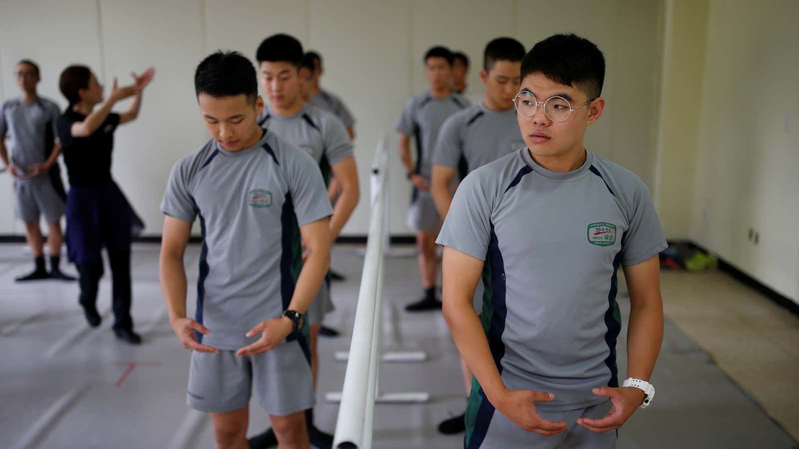 South Korean soldiers take part in a ballet class at a military base near the demilitarized zone separating the two Koreas in Paju, South Korea on July 13, 2016.