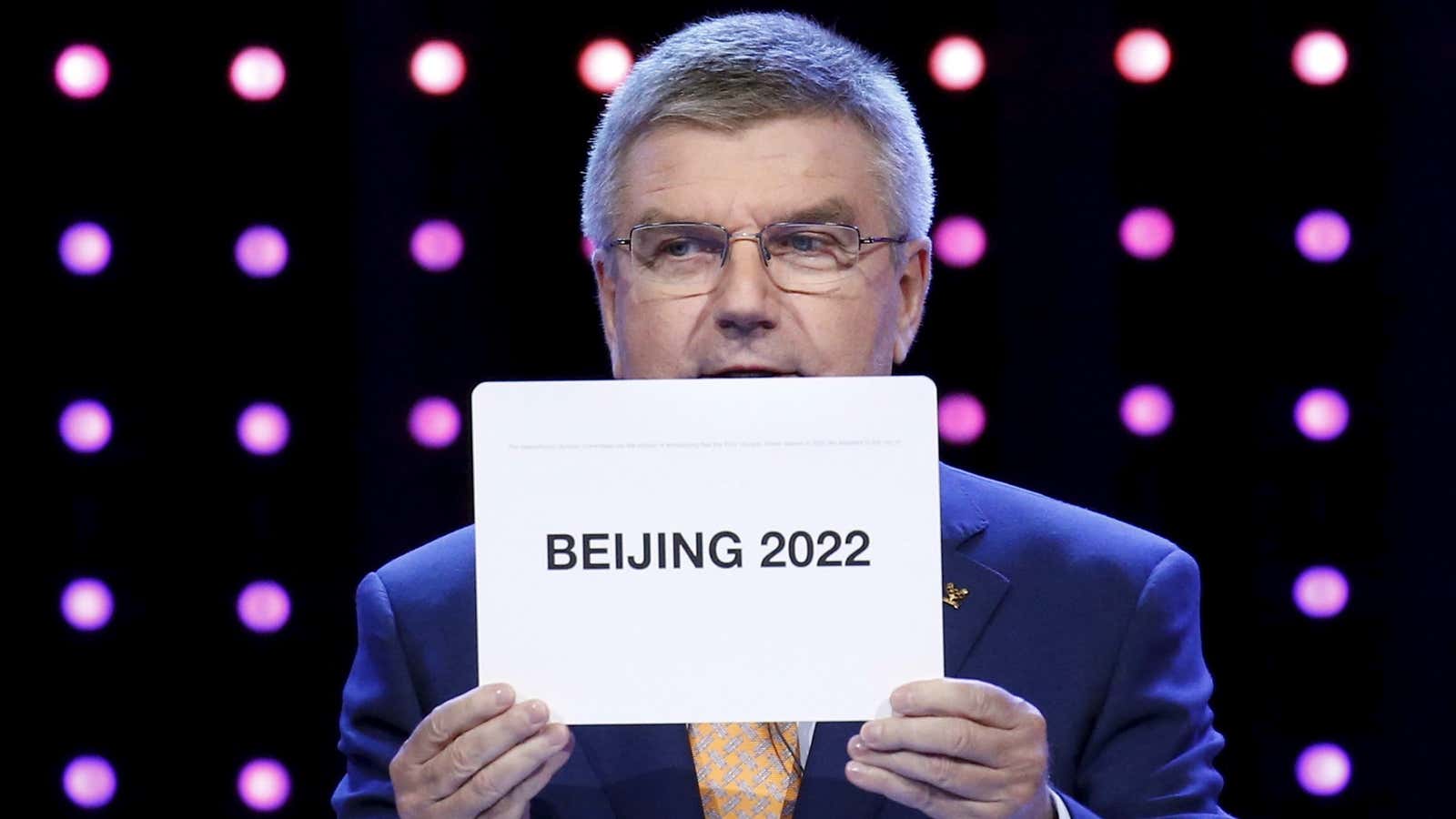 Thomas Bach, president of the International Olympic Committee, announces Beijing as the city to host the 2022 Winter Olympics during the 128th International Olympic Committee Session, in Kuala Lumpur.