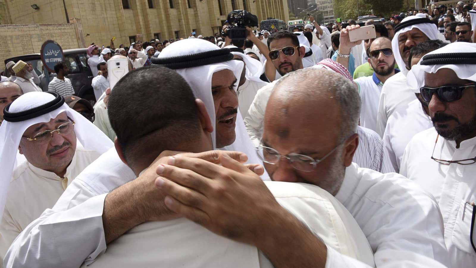 The scene outside the Imam Sadiq Mosque in Kuwait City after today’s suicide bombing.