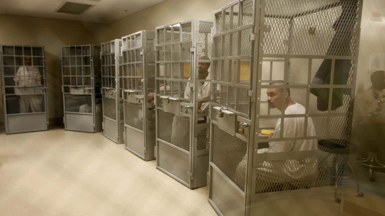 Administrative segregation prisoners take part in a group therapy session at San Quentin state prison.