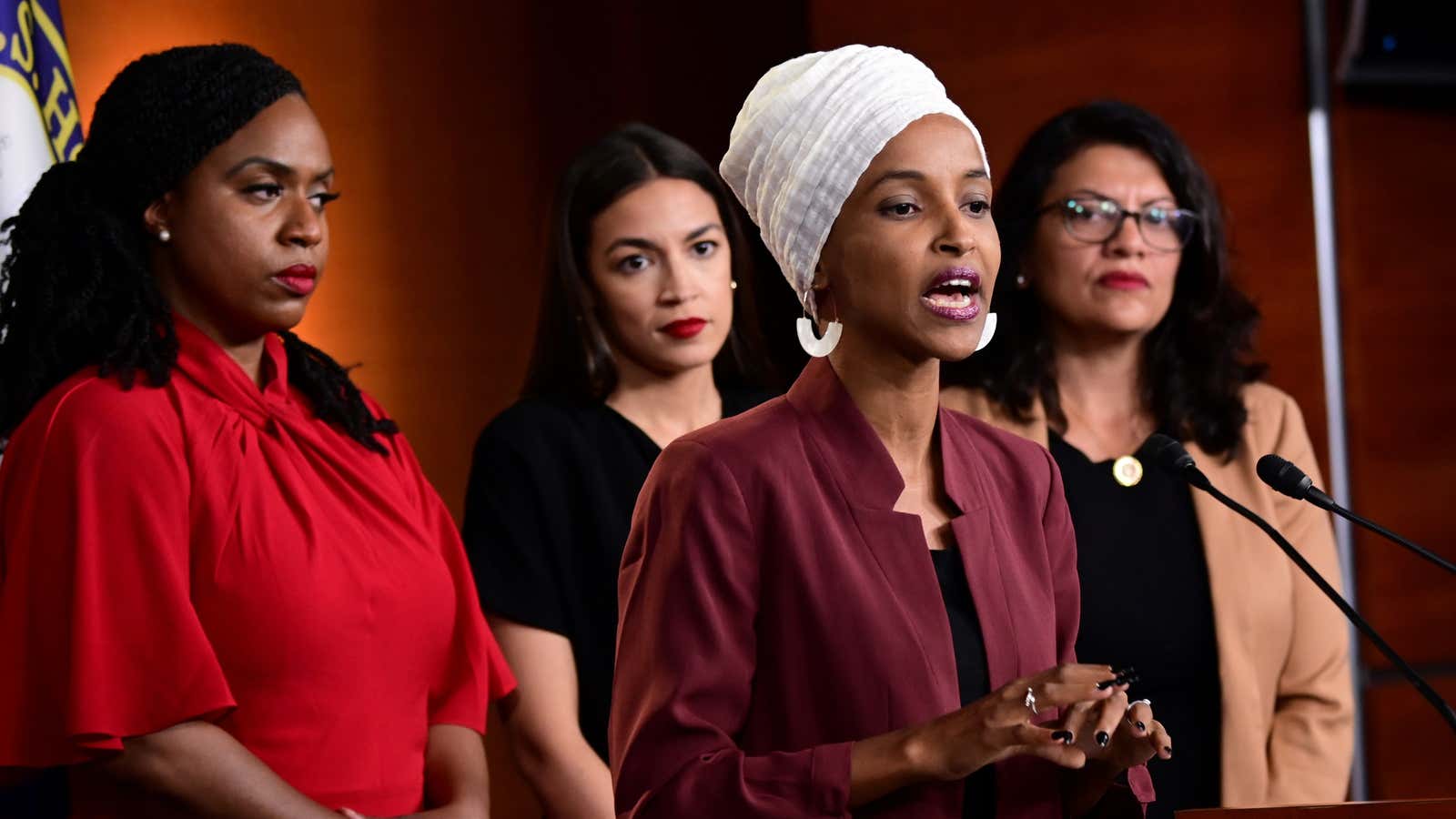 U.S. Reps Ayanna Pressley (D-MA), Ilhan Omar (D-MN), Alexandria Ocasio-Cortez (D-NY) and Rashida Tlaib (D-MI) hold a news conference in DC July 15.