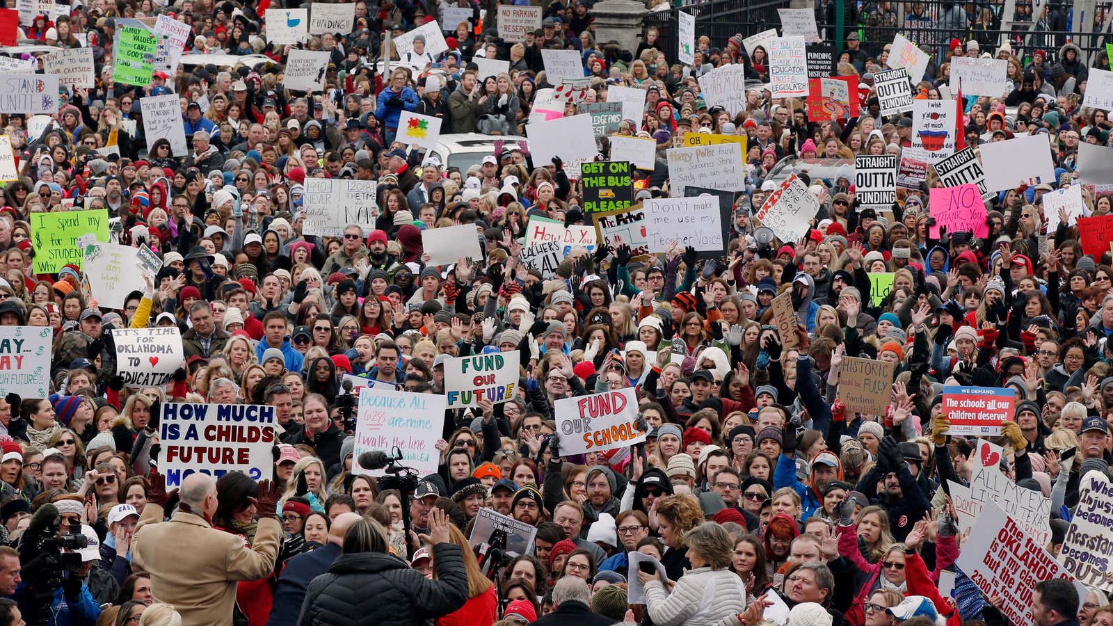 Teachers rally outside Oklahoma’s state Capitol on April 2.