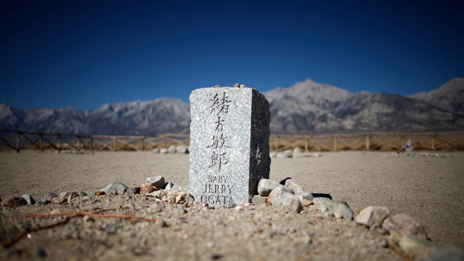 A gravestone is seen in the cemetery at Manzanar internment camp in Independence, California.
