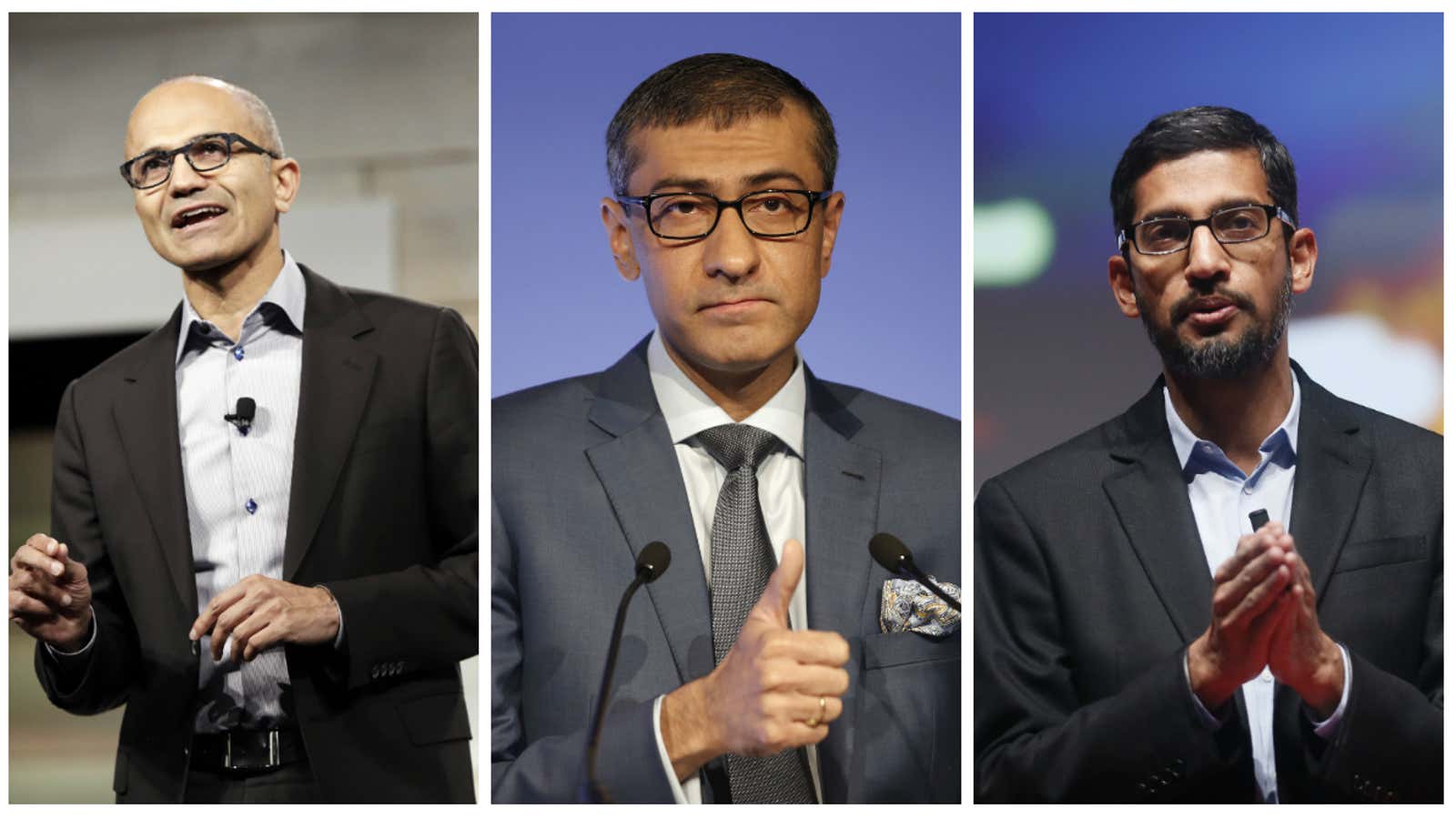 From left to right: Microsoft’s Satya Nadella, Nokia’s Rajeev Suri, and Google’s Sundar Pichai.