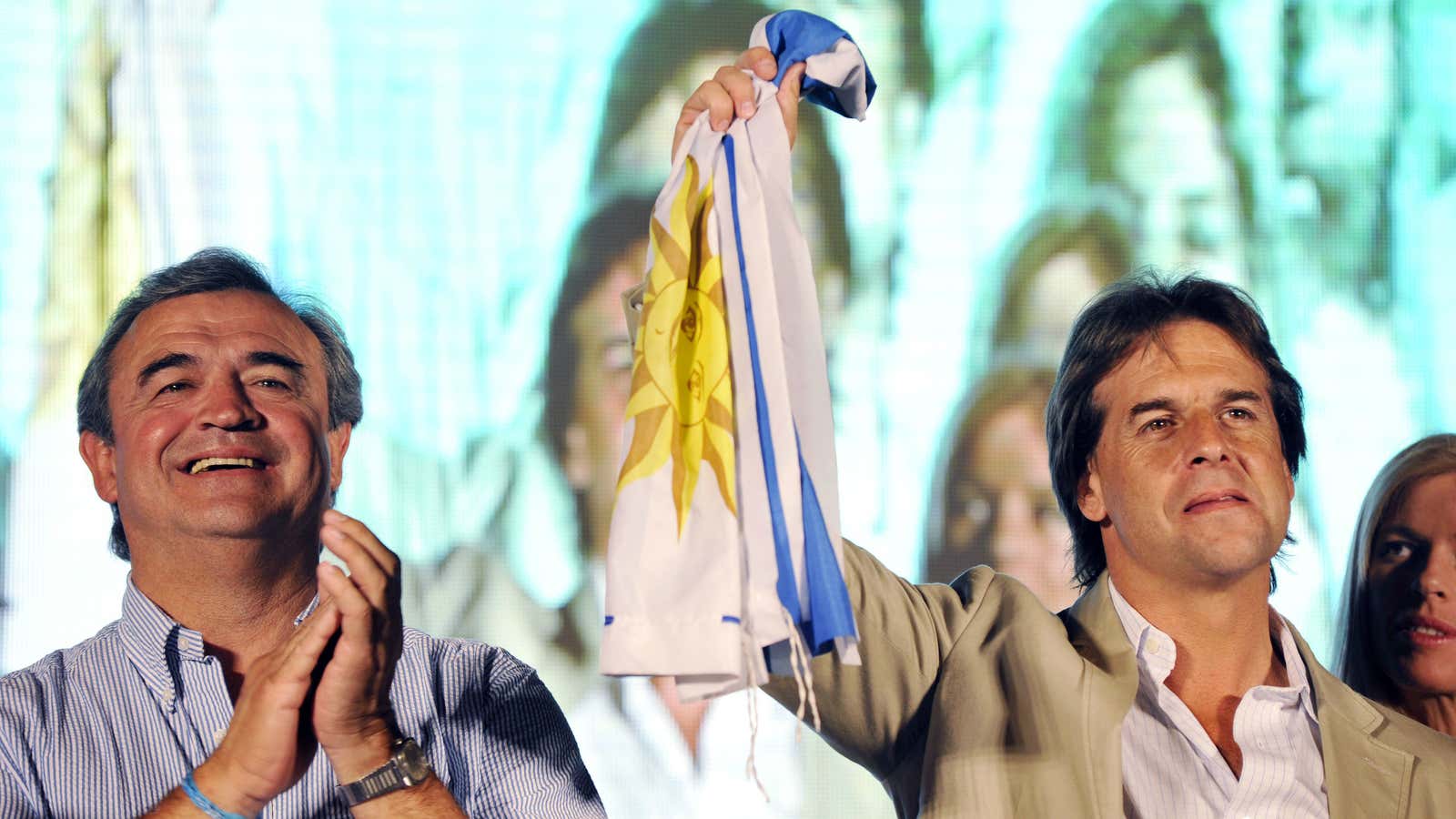 Luis Lacalle Pou, on right, and his vice-presidential running mate Jorge Larranaga, say they want to repeal parts of Uruguay’s marijuana law.