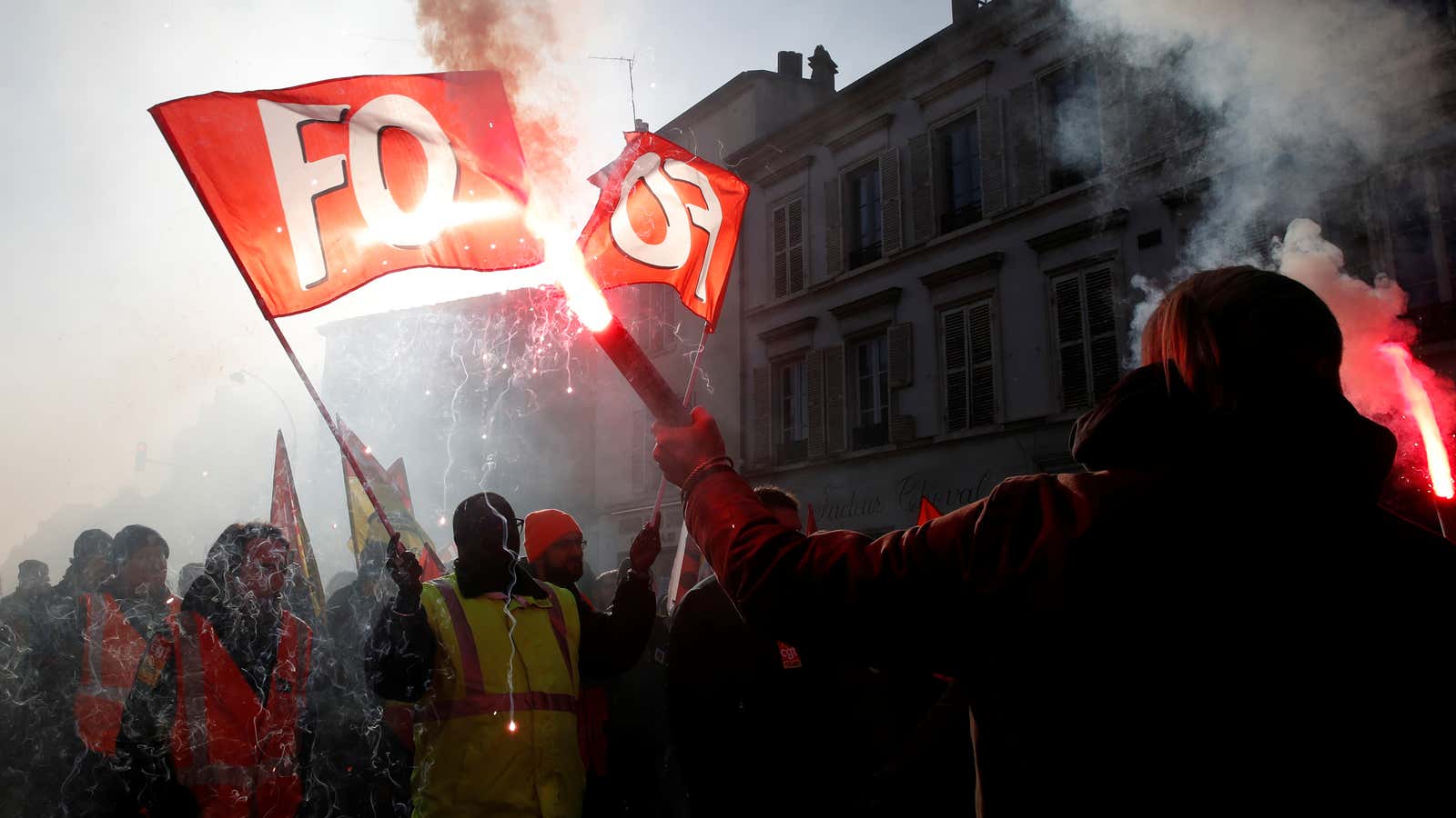 French labor unions and workers on strike in Versailles.