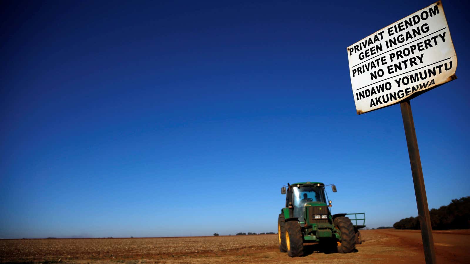 A ‘No entry sign’ is seen at an entrance of a farm outside Witbank, Mpumalanga province, South Africa