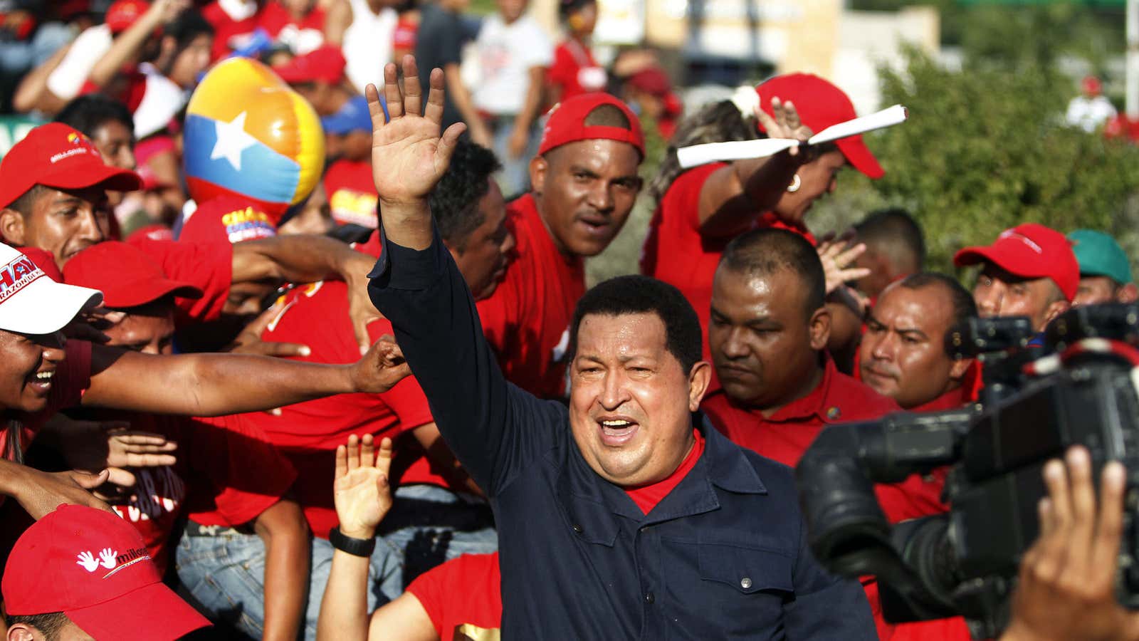 Venezuelan President Hugo Chavez greets people as he leads an electoral event in Charallave, Venezuela.