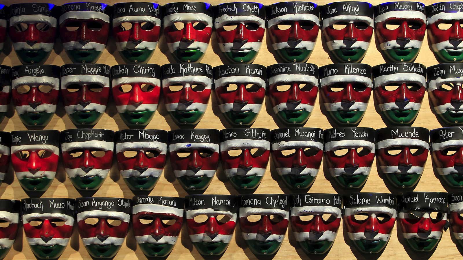 Face masks bear the names of the Garissa university students who were killed during an attack in April.