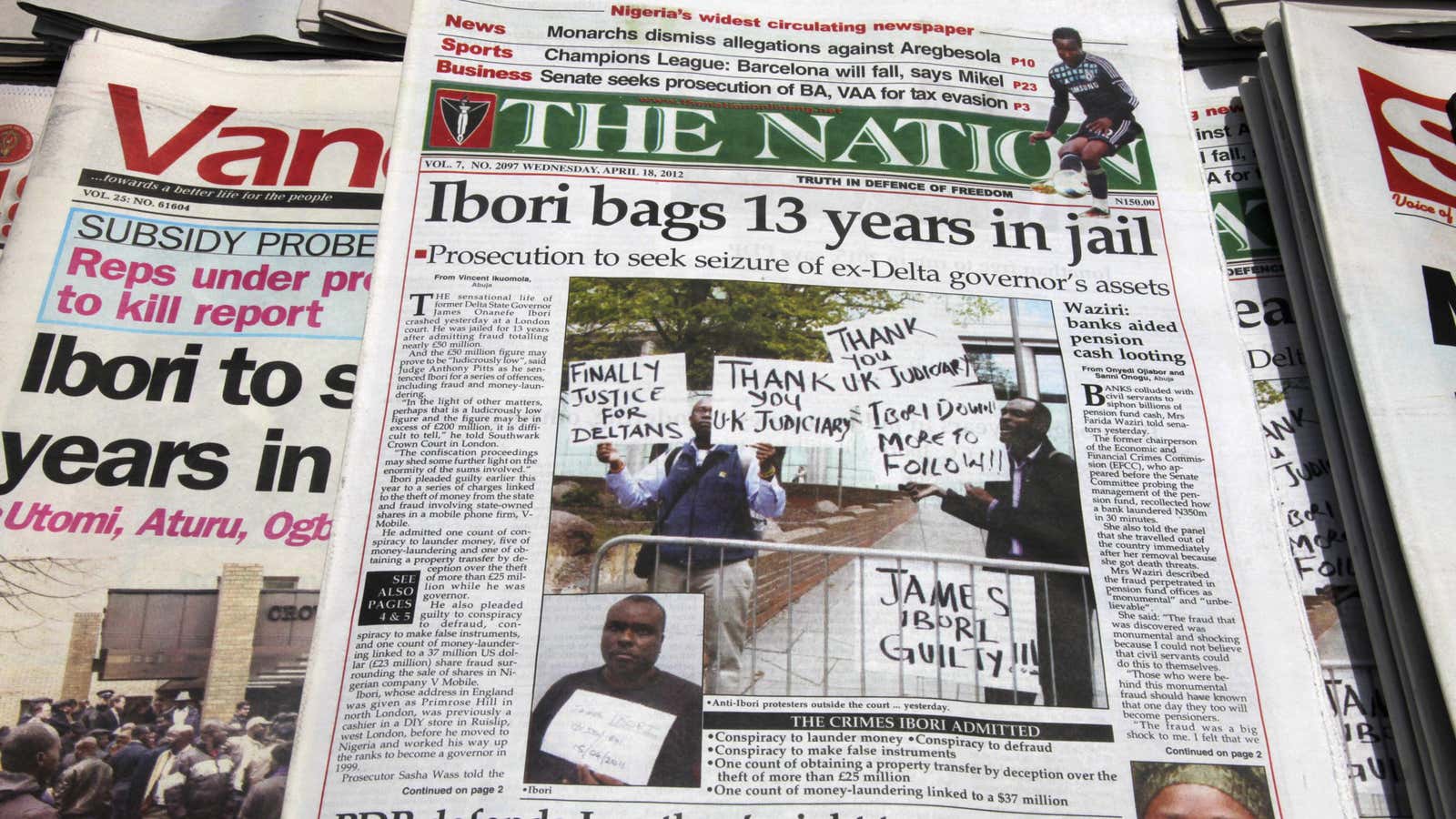 Nigerian newspapers, with details of the sentencing of James Ibori in 2012.