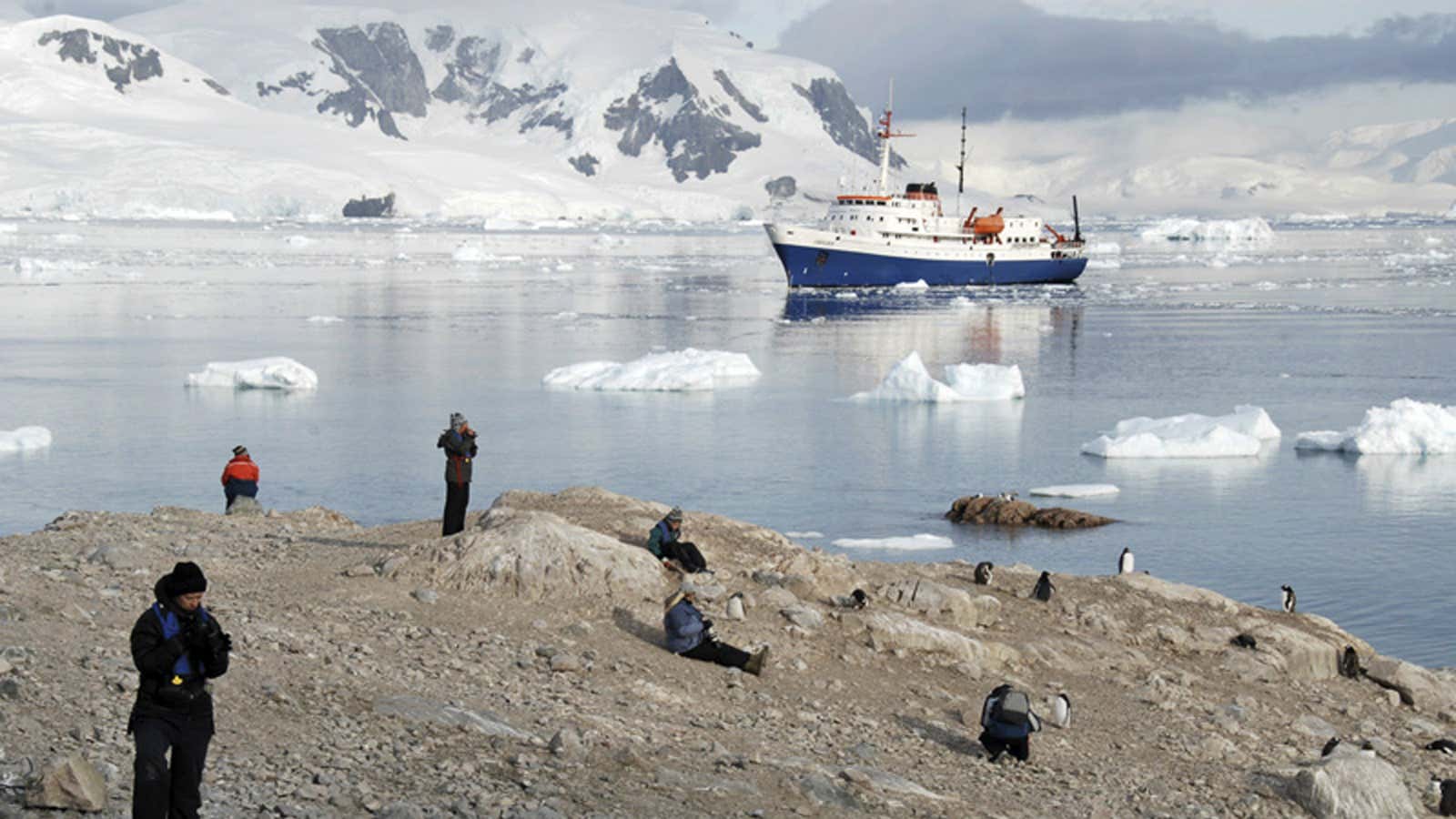 A cruise ship sails in Antarctic waters.