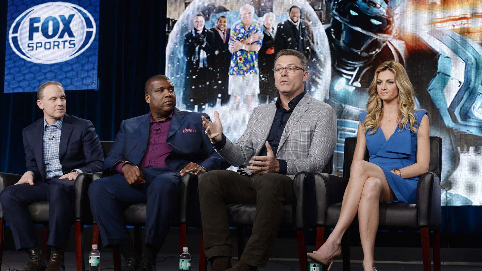 Erin Andrews and some of her Fox Sports colleagues at the company’s 2014 Television Critics Association panel.