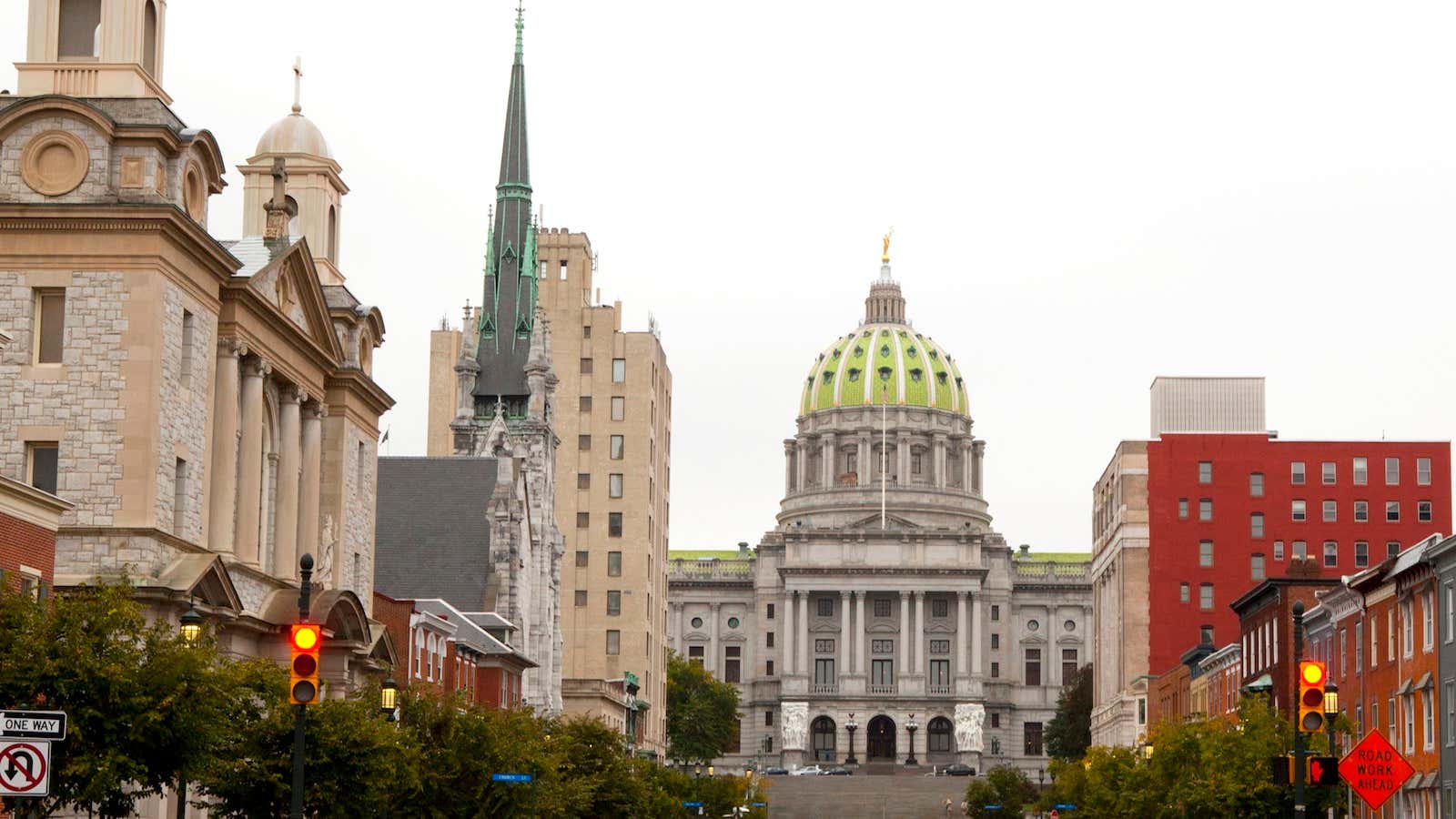 The Pennsylvania State Capitol Building as seen from State Street in Harrisburg, the state capital.