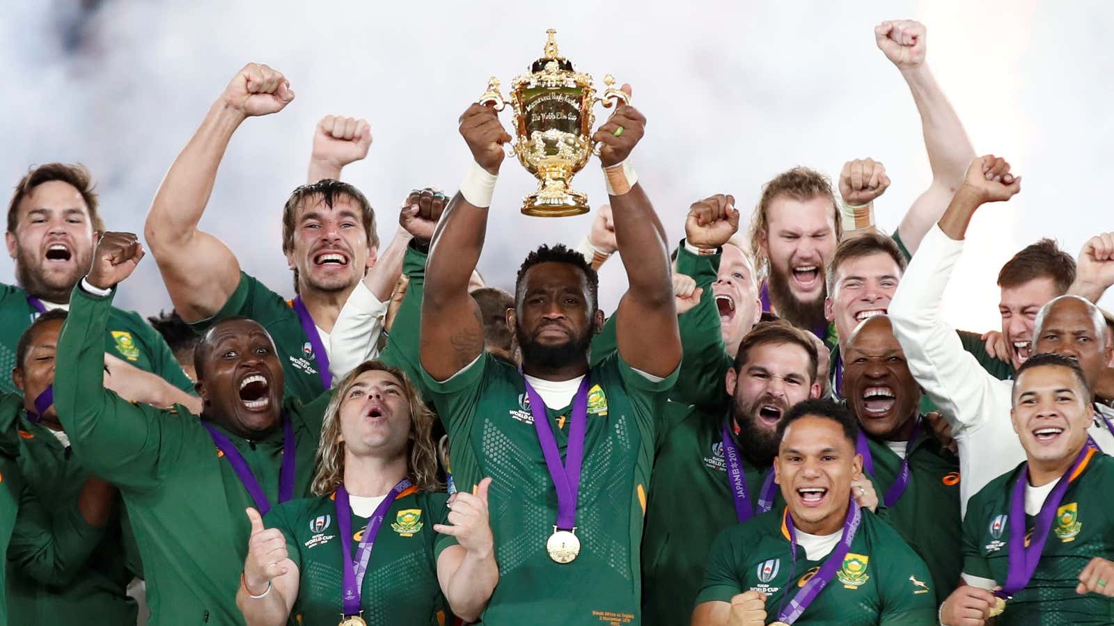 South Africa’s Siya Kolisi celebrates with the Webb Ellis trophy after winning the Rugby World Cup final in 2019.