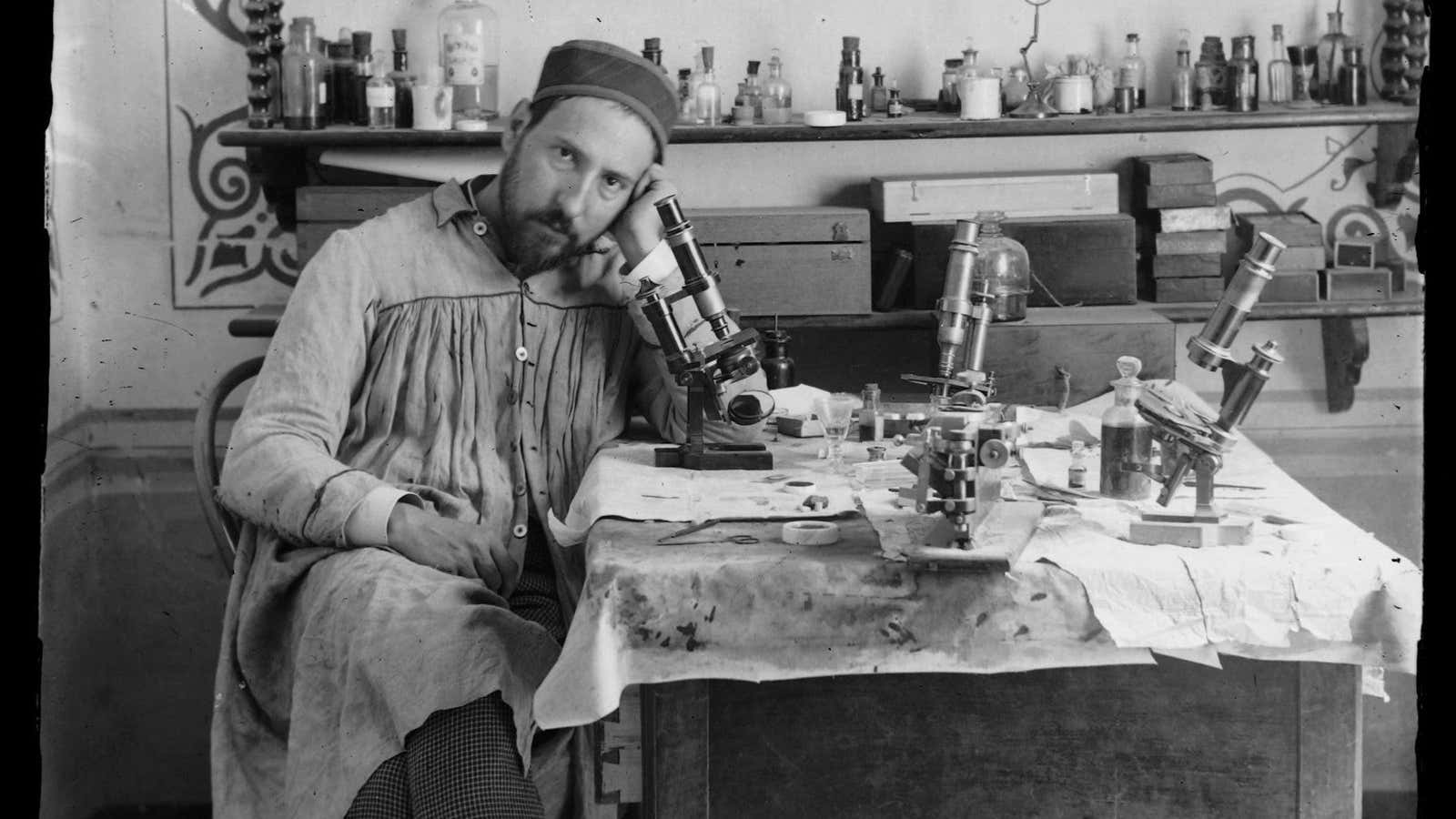 Santiago Ramón y Cajal took this self-portrait in his early thirties, while in his laboratory in Valencia, Spain.