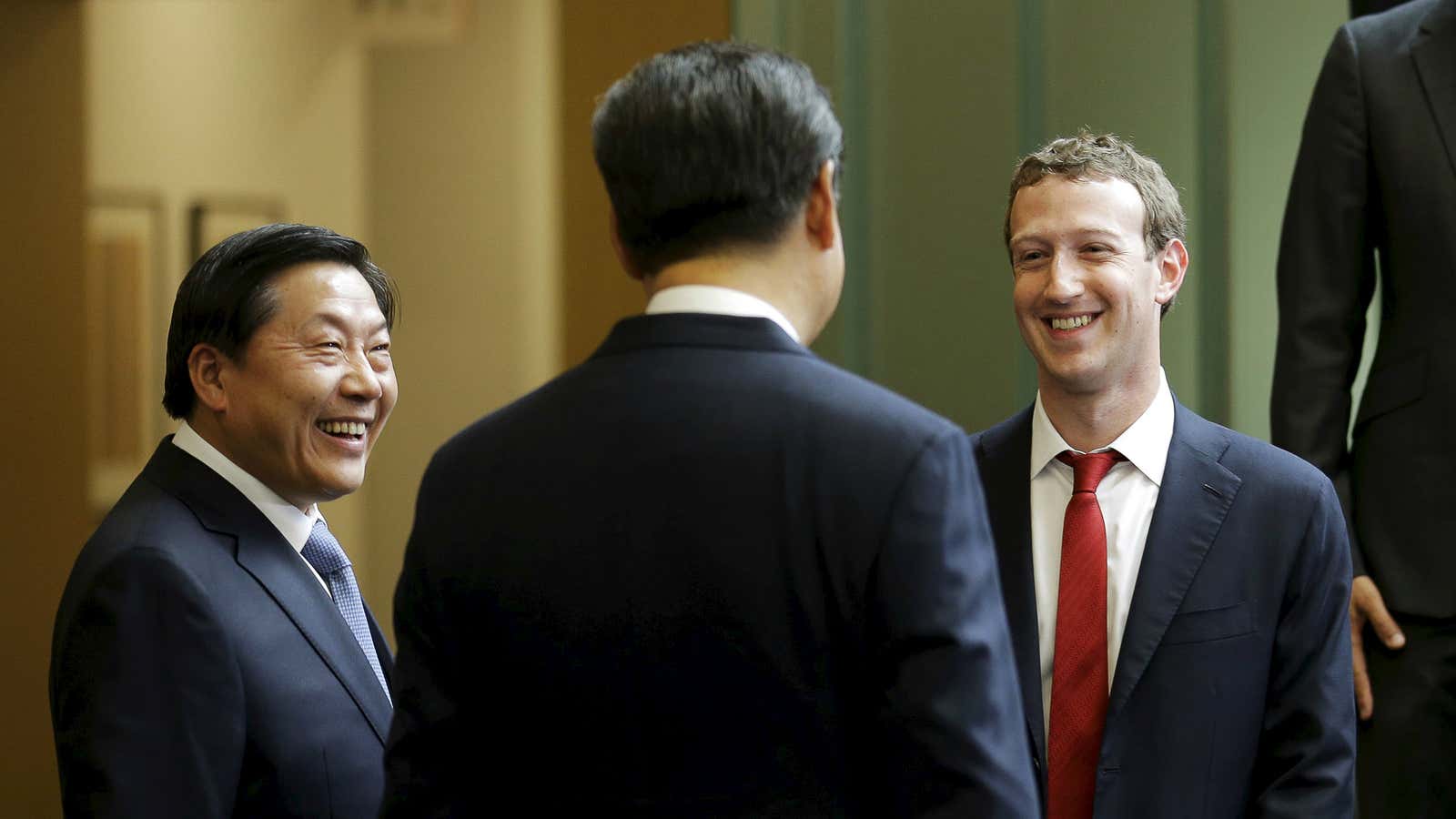 Lu Wei, left, with Mark Zuckerberg and president Xi Jinping.