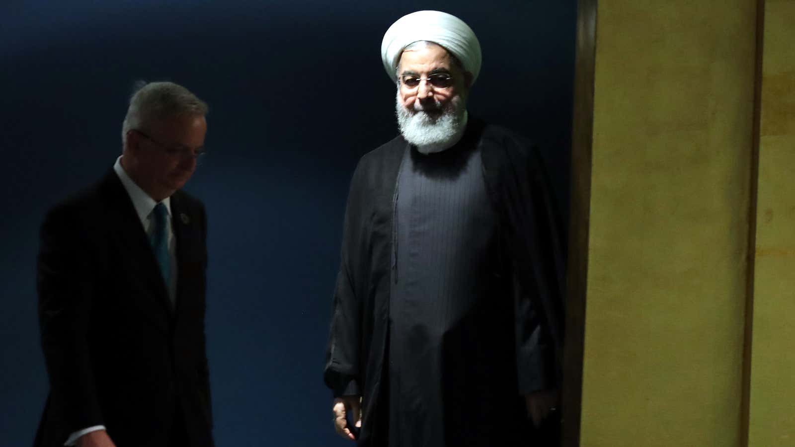 Iranian President Hassan Rouhani arrives to address the United Nations General Assembly.