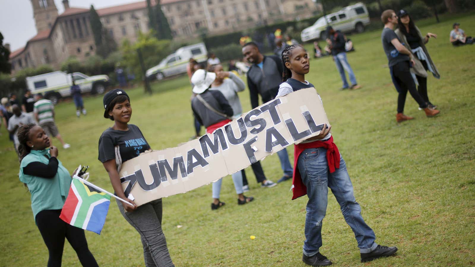 Protesters take part in a demonstration in Pretoria, South Africa, December 16, 2015.