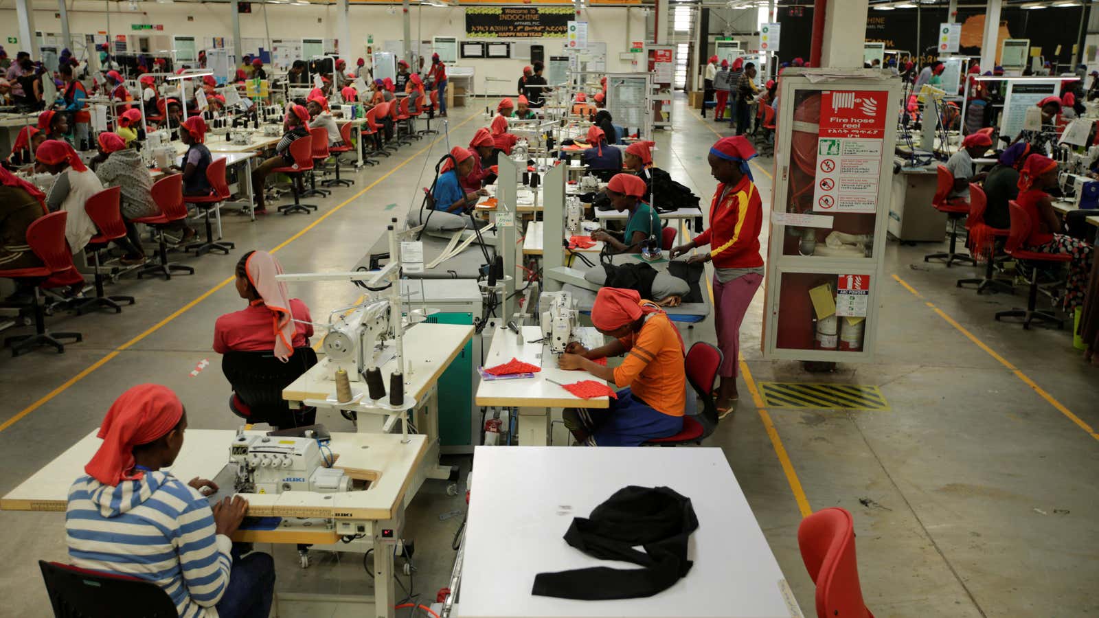 Workers sew clothes inside the Indochine Apparel PLC textile factory in Hawassa Industrial Park in  Ethiopia